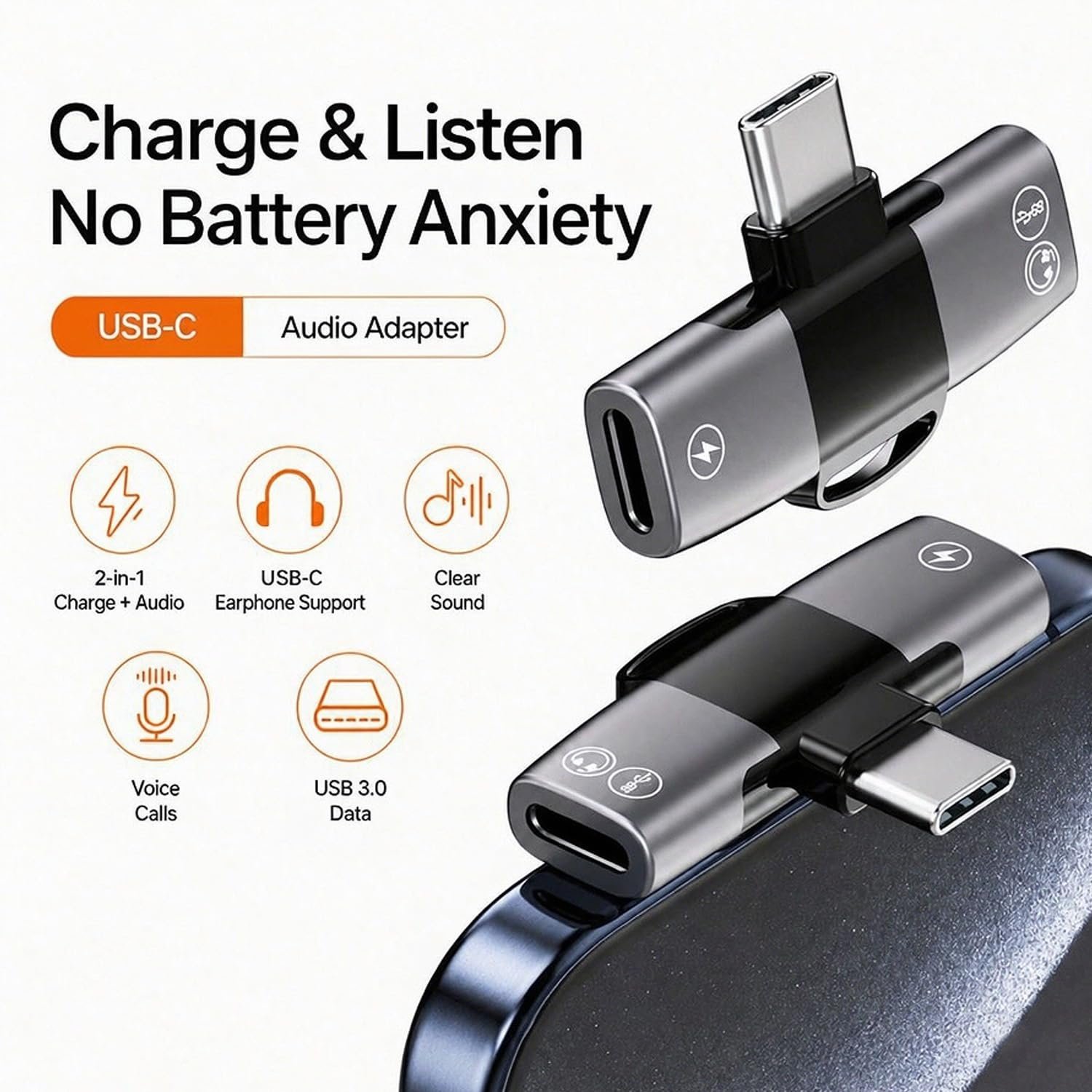 2-in-1 USB-C Audio & Charging Adapter, Dual USB-C Ports for Simultaneous Charging & Audio, High-Resolution Sound Aluminum Alloy Splitter, Type -C Headphone Adapter for Smartphones, Tablets & Laptops - Image 5