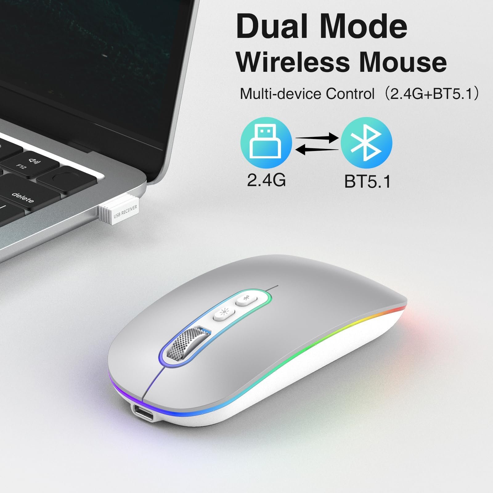Dual Mode (BT 5.1+2.4G) Wireless Mouse with LED Lights, Silent Portable Lightweight Rechargeable Mouse for Laptop, Compatible with Mac OS/Windows/Chrome OS - Silver - Image 4