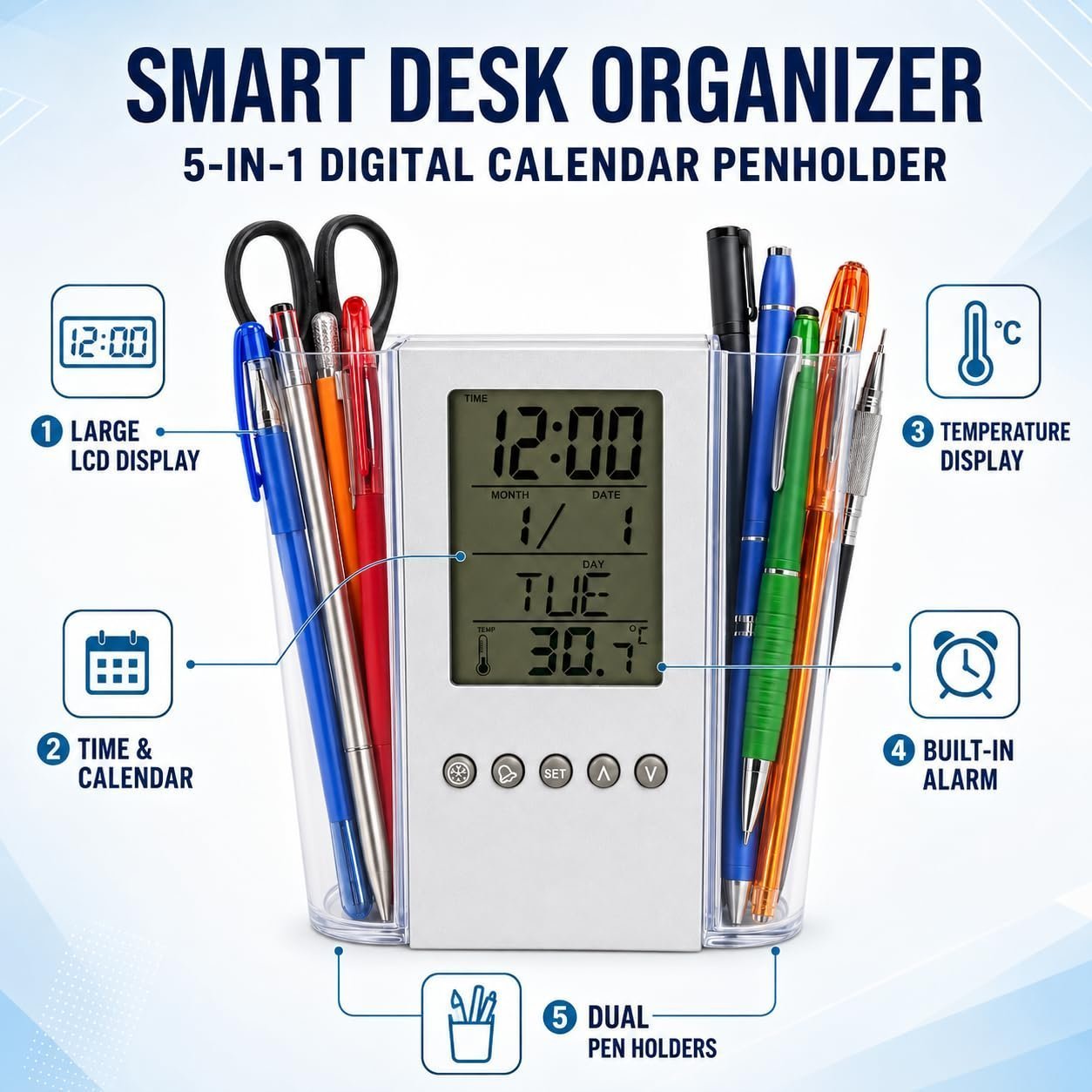 Digital Desk Organiser with LCD Clock, Calendar, Alarm, Silver - Image 5