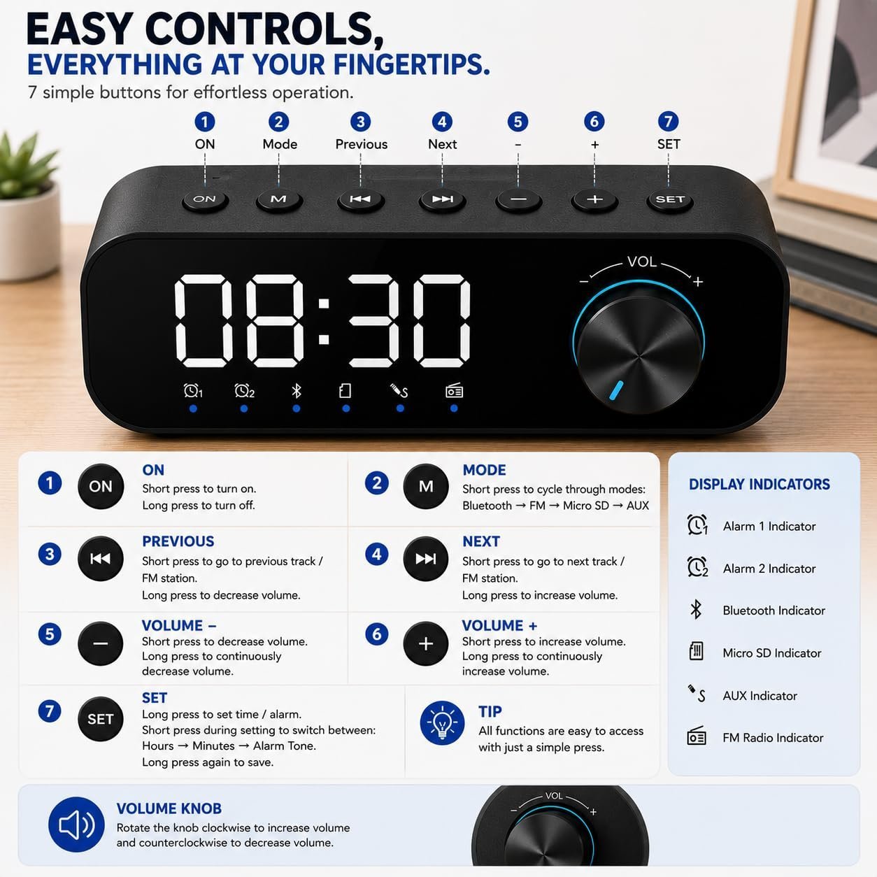 Multifunction FM Radio Alarm Clock with Bluetooth Speaker | TF Card Support | Bedside, Living Room Digital Table Clock - Image 4