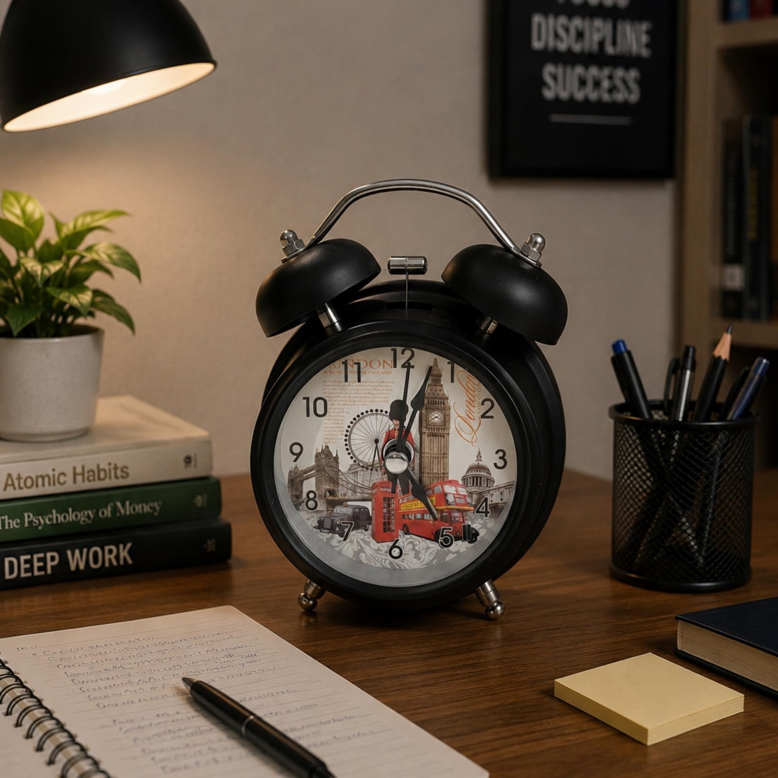 Vintage London Twin Bell Alarm Clock, Black Analog - Image 2
