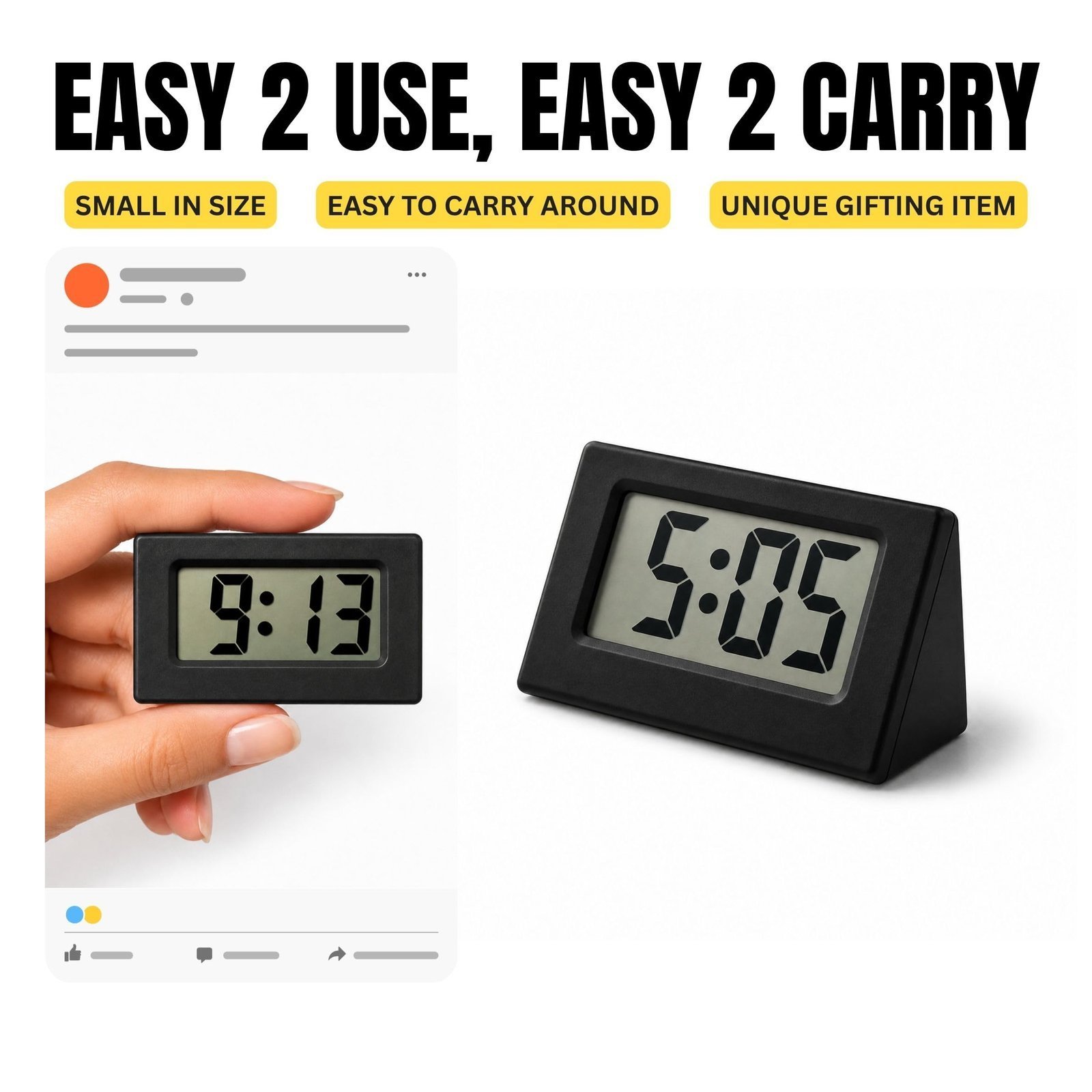 Compact Mini Digital Clock for Car Dashboard & Desk Portable LCD Timepiece for for Car Interior, Bedside Table, Office Desk & Travel (Black) - Image 3