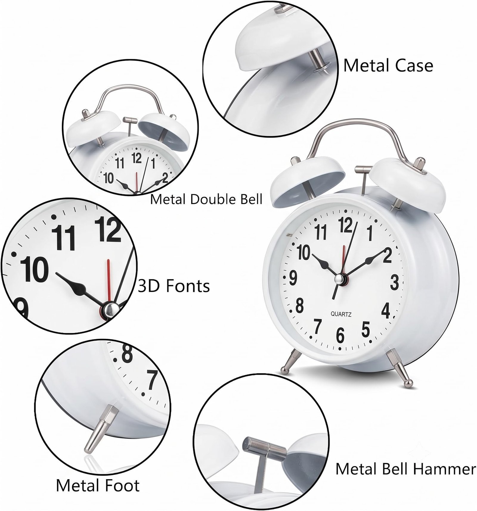 Vintage Twin Bell Alarm Clock with Night Light Loud Alarm Silent Non Ticking Quartz Movement Battery Operated Retro Desk Table Clock for Bedroom Home Office (Midnight White) - Image 8