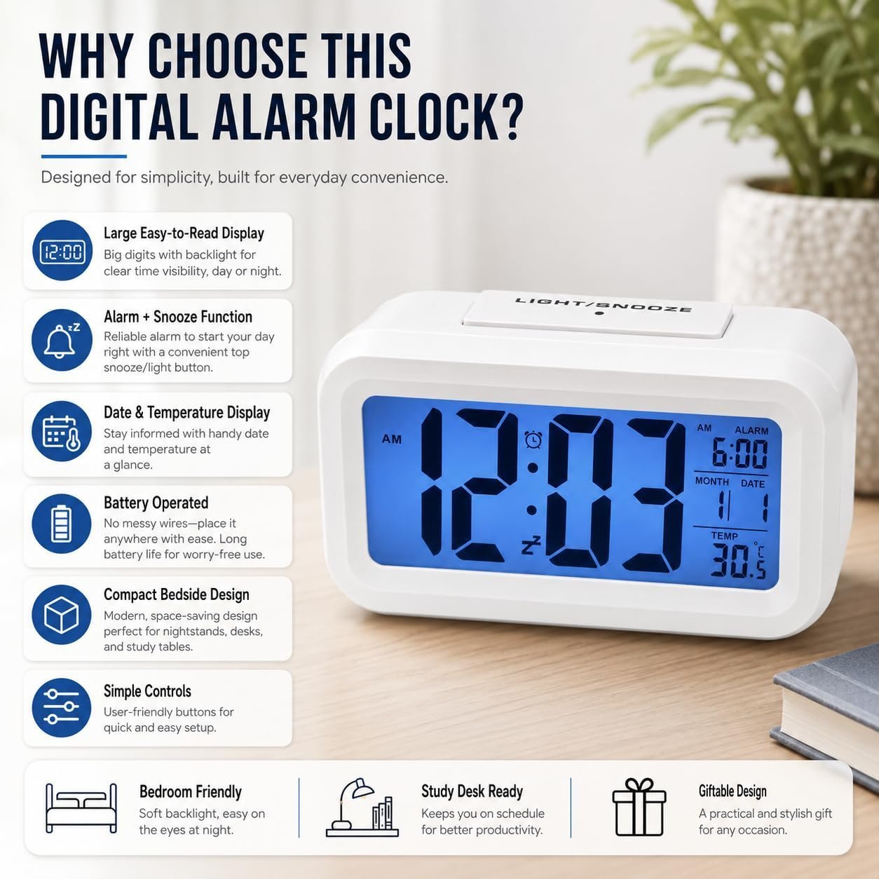 Digital Alarm Clock with Large LCD Display, Blue Backlight, Snooze, - Image 9