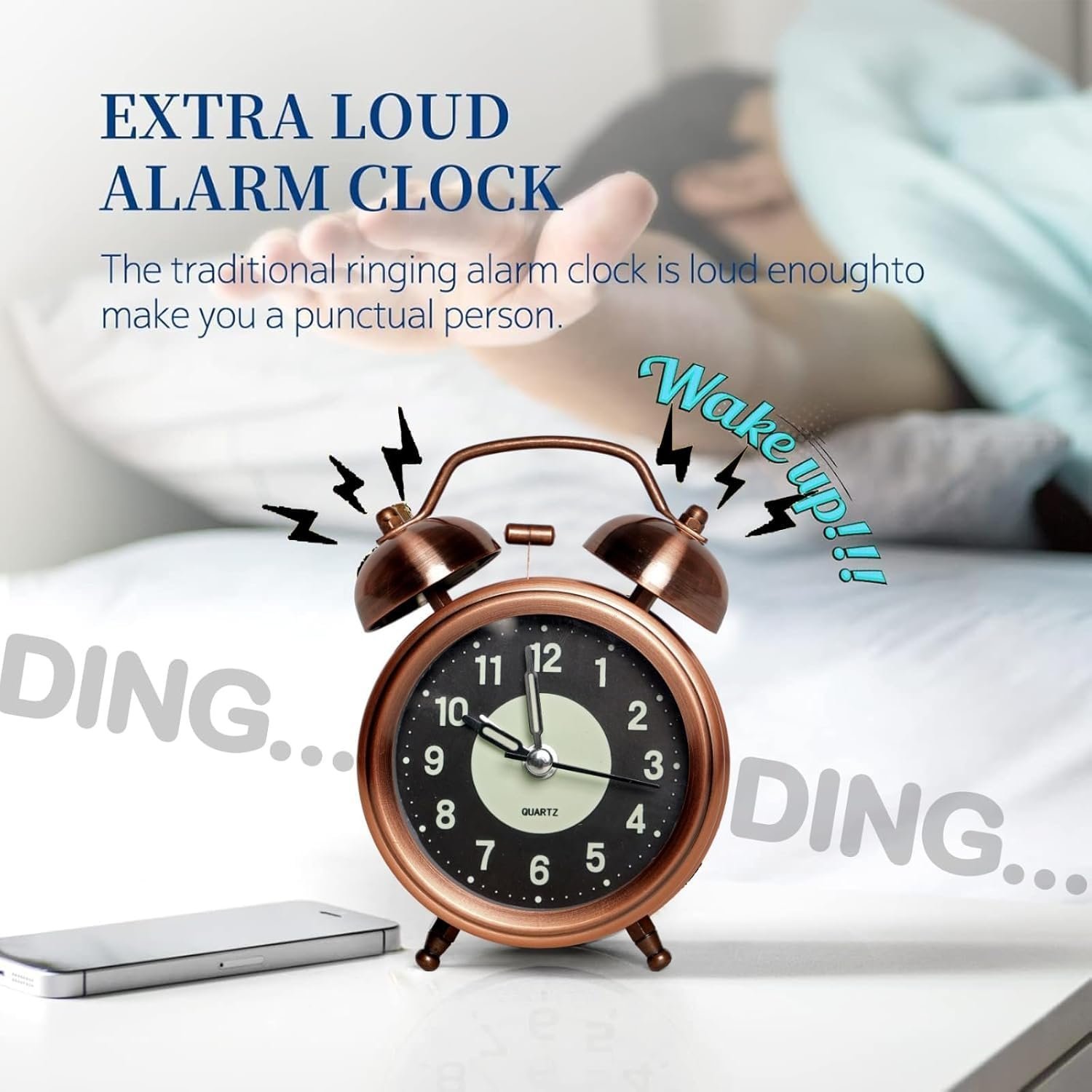 ® Super Loud Alarm Clock for Heavy Sleepers Adults,Twin Bell Retro 4 Inch Silent Non-Ticking Quartz with Backlight, Luminous dial, Alarm Clocks for Bedroom/Office Bedside (Copper) - Image 6