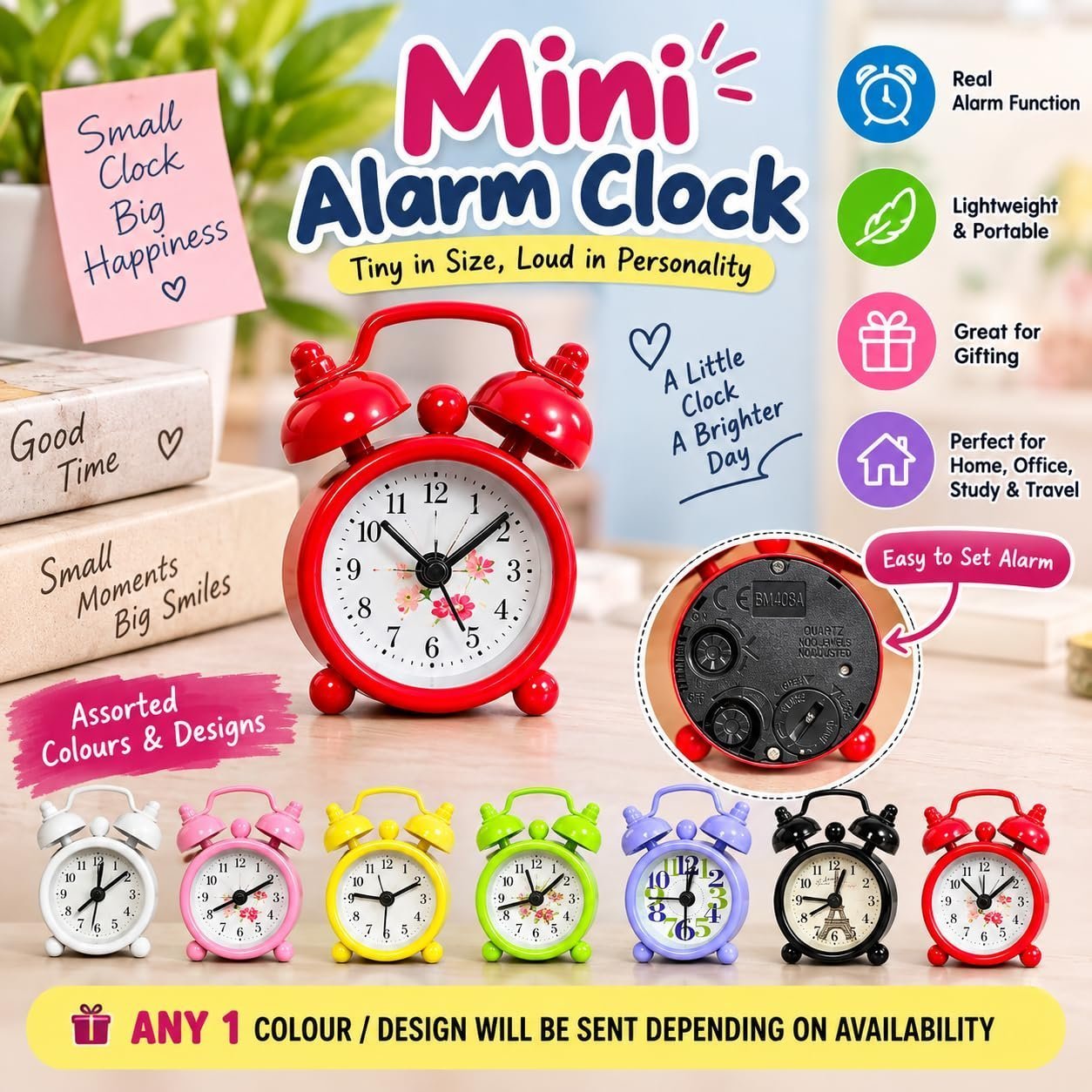 Mini Alarm Clock for Home Office Study Table | Assorted Colour Twin Bell Quartz Clock with Alarm Function | Compact Bedside Desk Clock | Any 1 Colour/Design - Image 2
