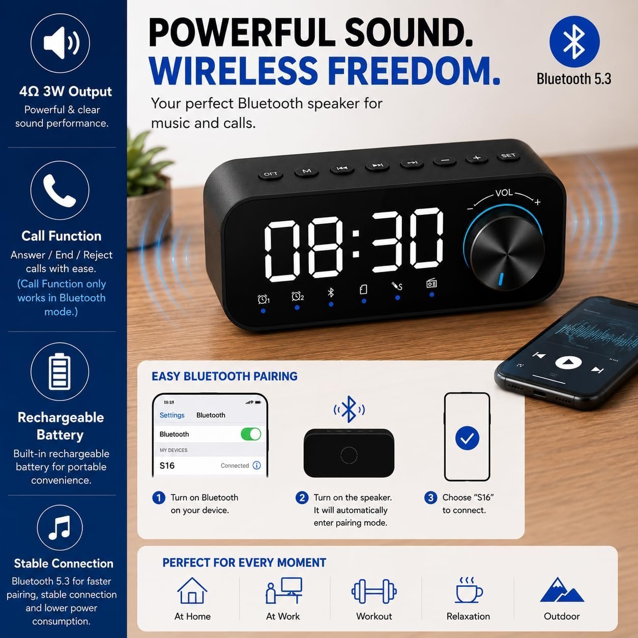 Multifunction FM Radio Alarm Clock with Bluetooth Speaker | TF Card Support | Bedside, Living Room Digital Table Clock - Image 2