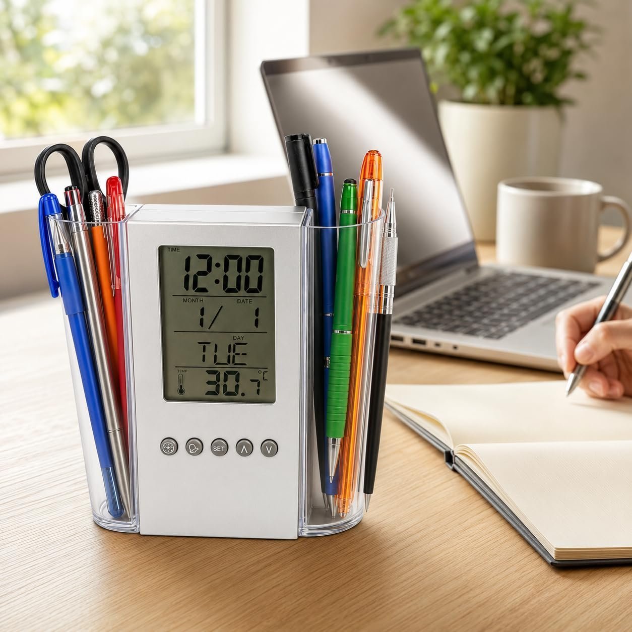 Digital Desk Organiser with LCD Clock, Calendar, Alarm, Silver - Image 7