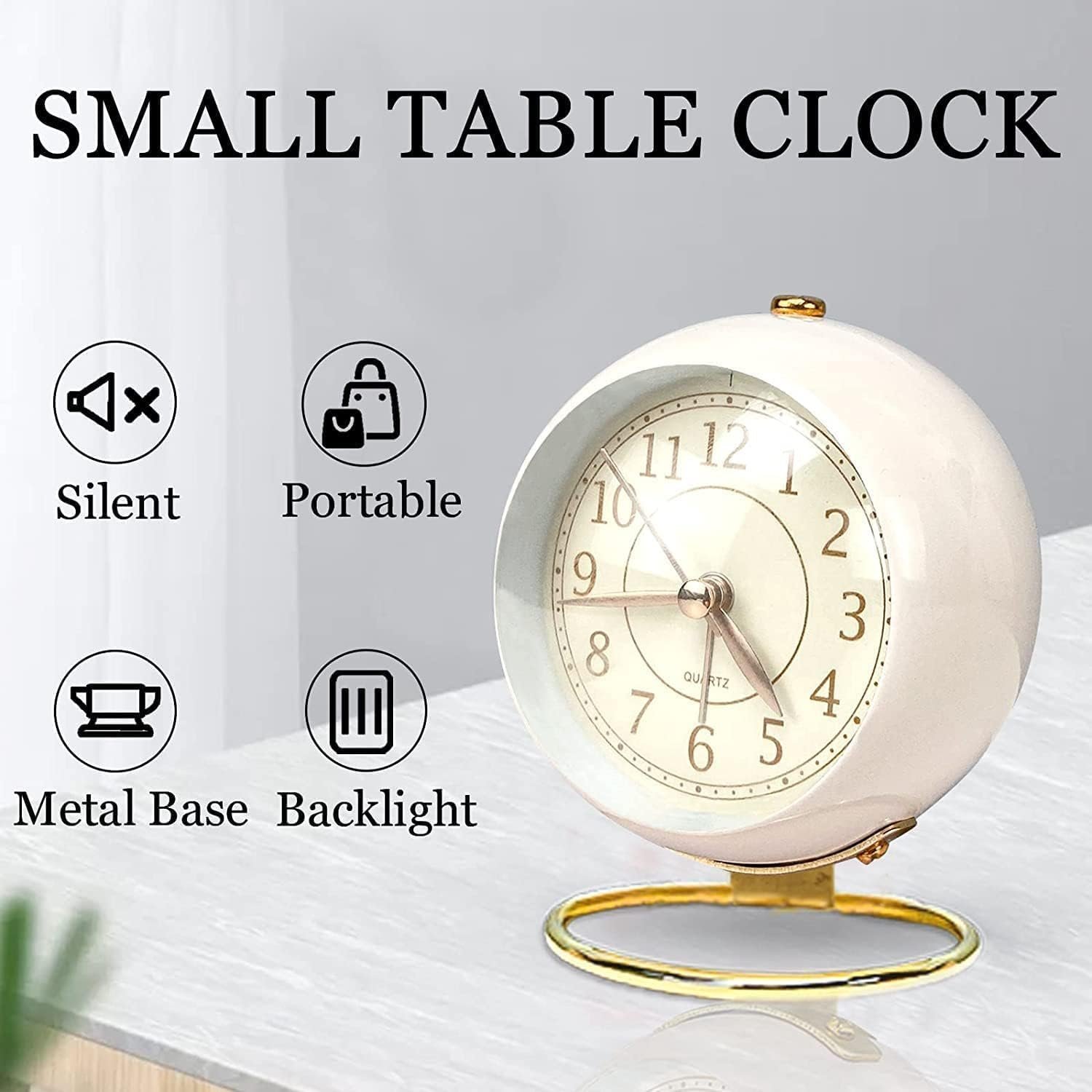 Silent Table Analog Alarm Clock No Ticking, Lighted on Demand and Battery Operated, Beep Sounds, Small Desk Clock (Cream) - Image 7