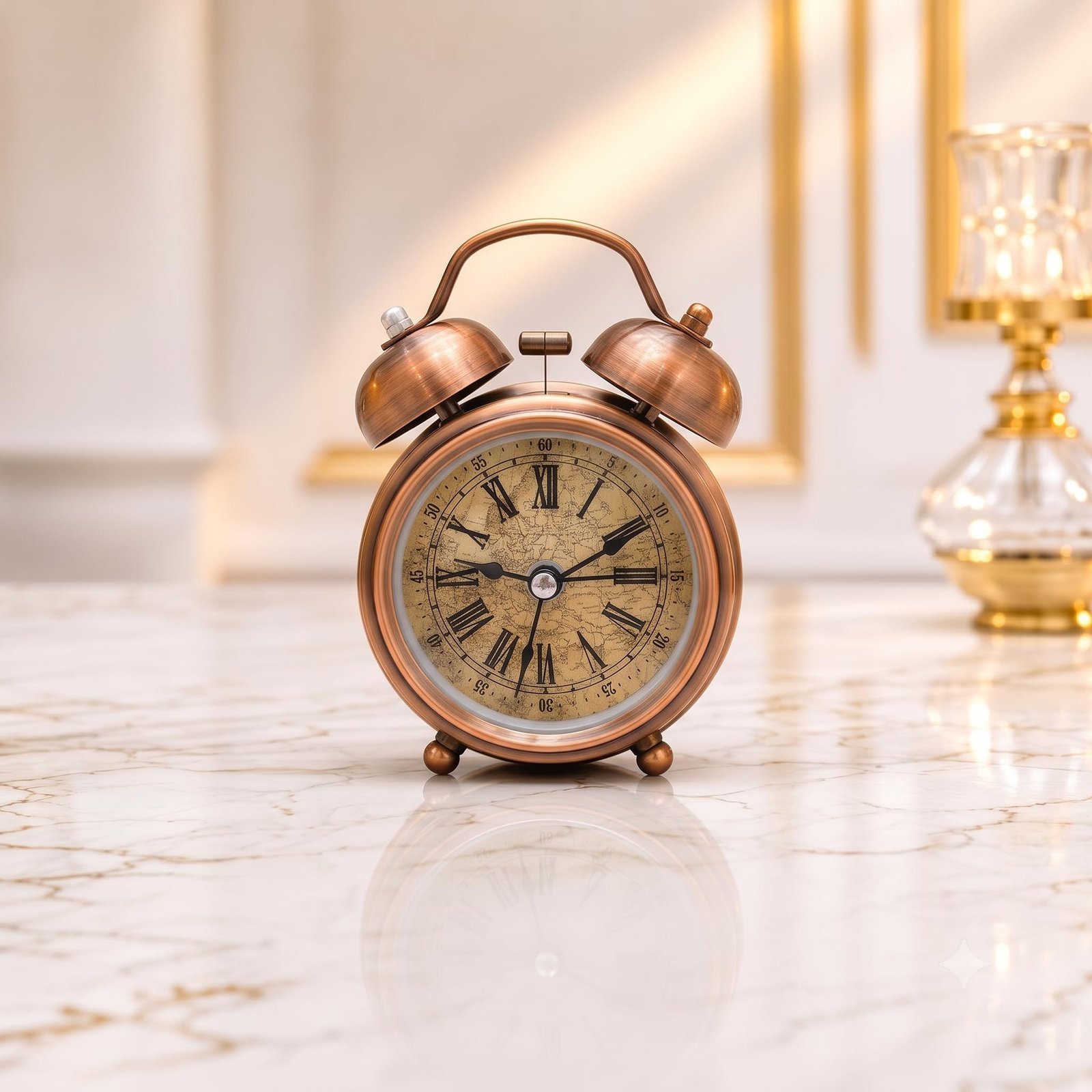 Vintage Twin Bell Alarm Clock, Copper Finish, Roman Numerals