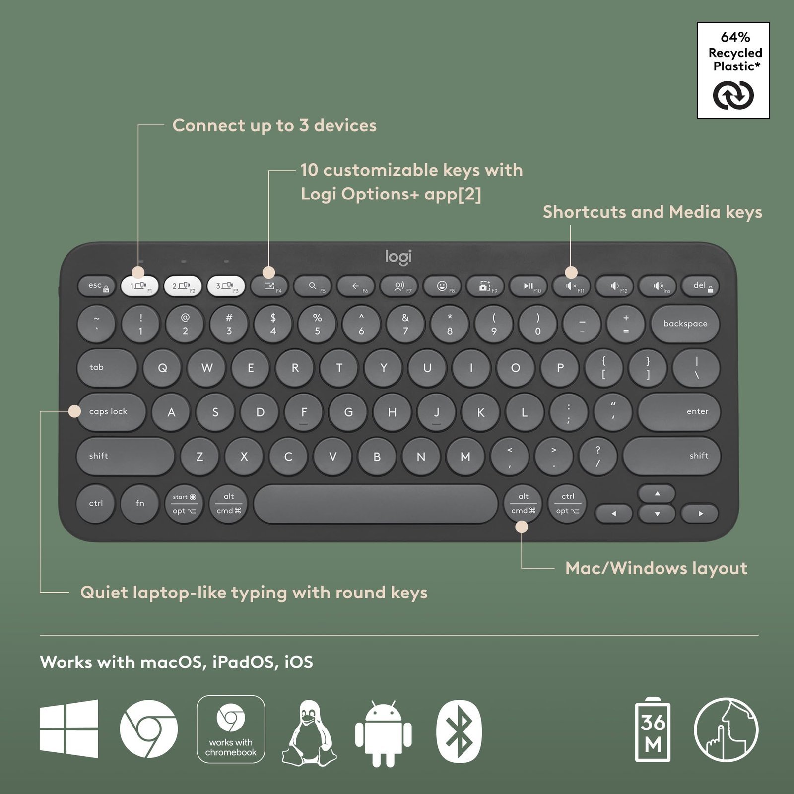 Pebble Keys 2 K380s, Multi-Device Bluetooth Wireless Keyboard with Customisable Shortcuts, Slim and Portable, Easy-Switch for Windows, macOS, iPadOS, Android, Chrome OS - Tonal Graphite - Image 4