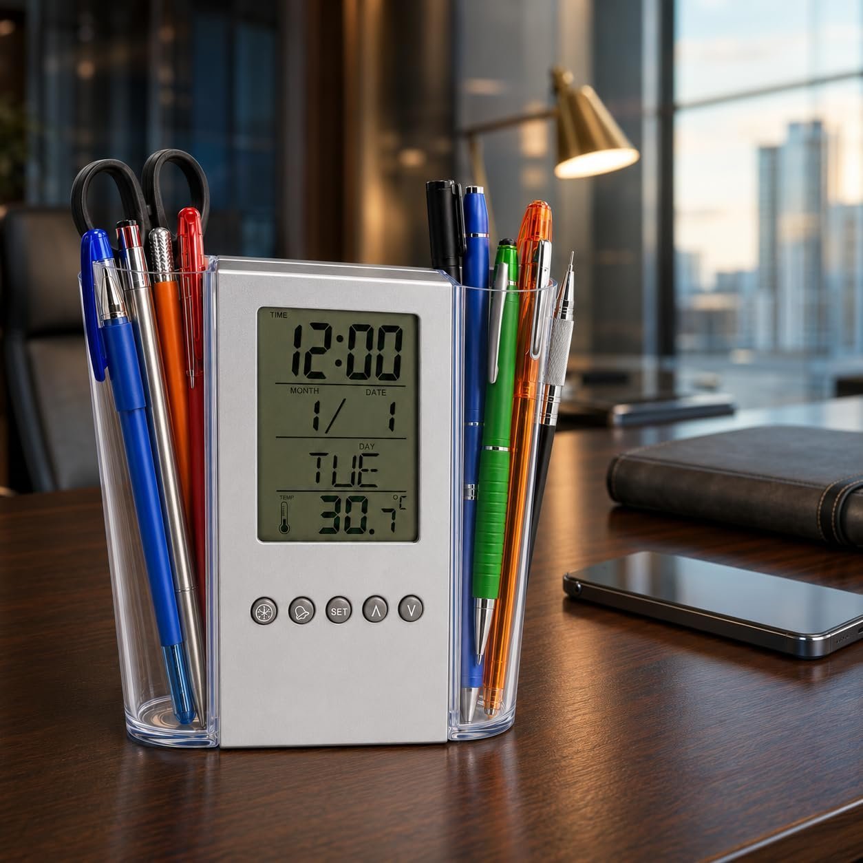 Digital Desk Organiser with LCD Clock, Calendar, Alarm, Silver - Image 3