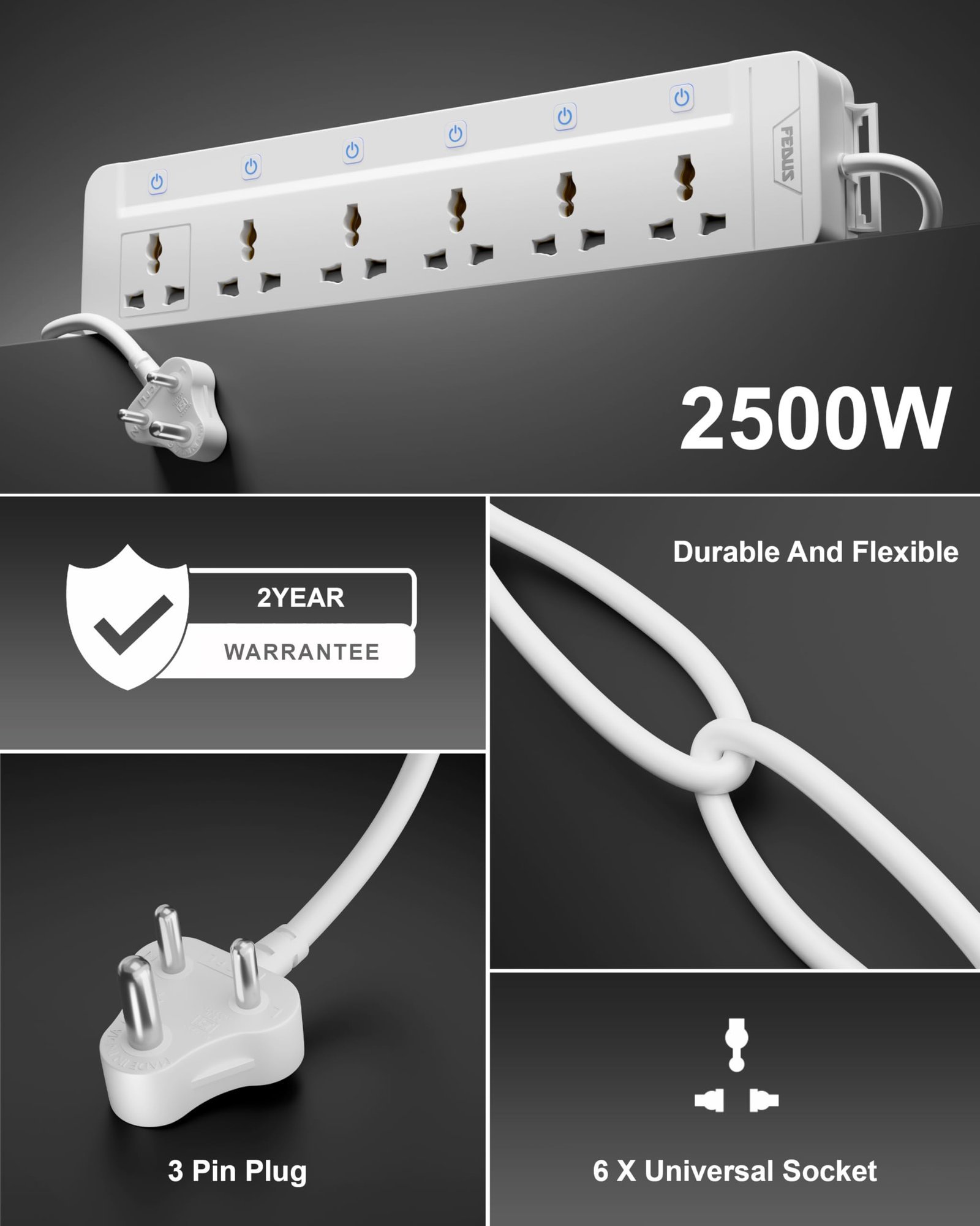 Surge Protector, 6 Universal Sockets with Individual Switch, 10 Meter 32 Feet Long Cable, Extension Board Cord, Automatic Overload Protection, Fireproof Power Strip Switch Board, Spike Guard - Image 2