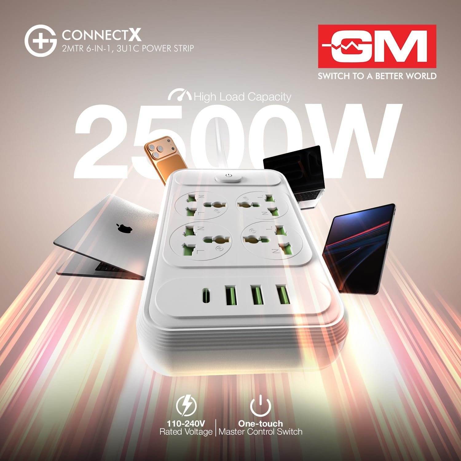 G+ ConnectX 6-in-1 Powerstrip with Type-C, 4 Universal Sockets, 3 USB, 2500W, 2M Cable, Master Switch, Surge Protection | Extension Board for Home & Office - Image 5