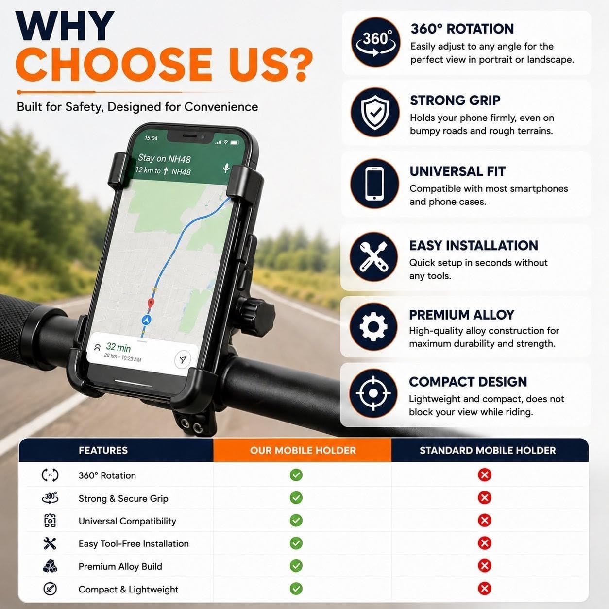 360° Rotating Bike Mobile Holder for Bicycle & Motorcycle | Universal Smartphone Mount | Strong Grip Handlebar Phone Stand | Adjustable Alloy Mobile Holder for Navigation & Hands-Free Riding - Image 3