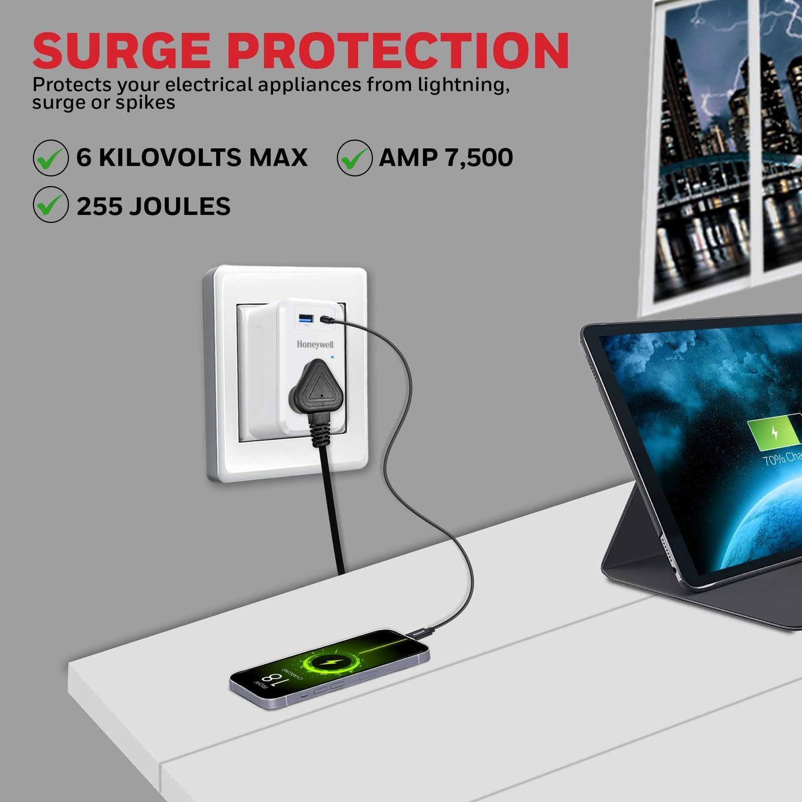 3 Out Surge Cube, Spike Guard, 1 Outlet, PD20W & USB A Port, 7500Amp, Charge On The Go, Device Secure Warranty, Automatic Overload Protection, 3 Years Manufacturer Warranty - Image 2