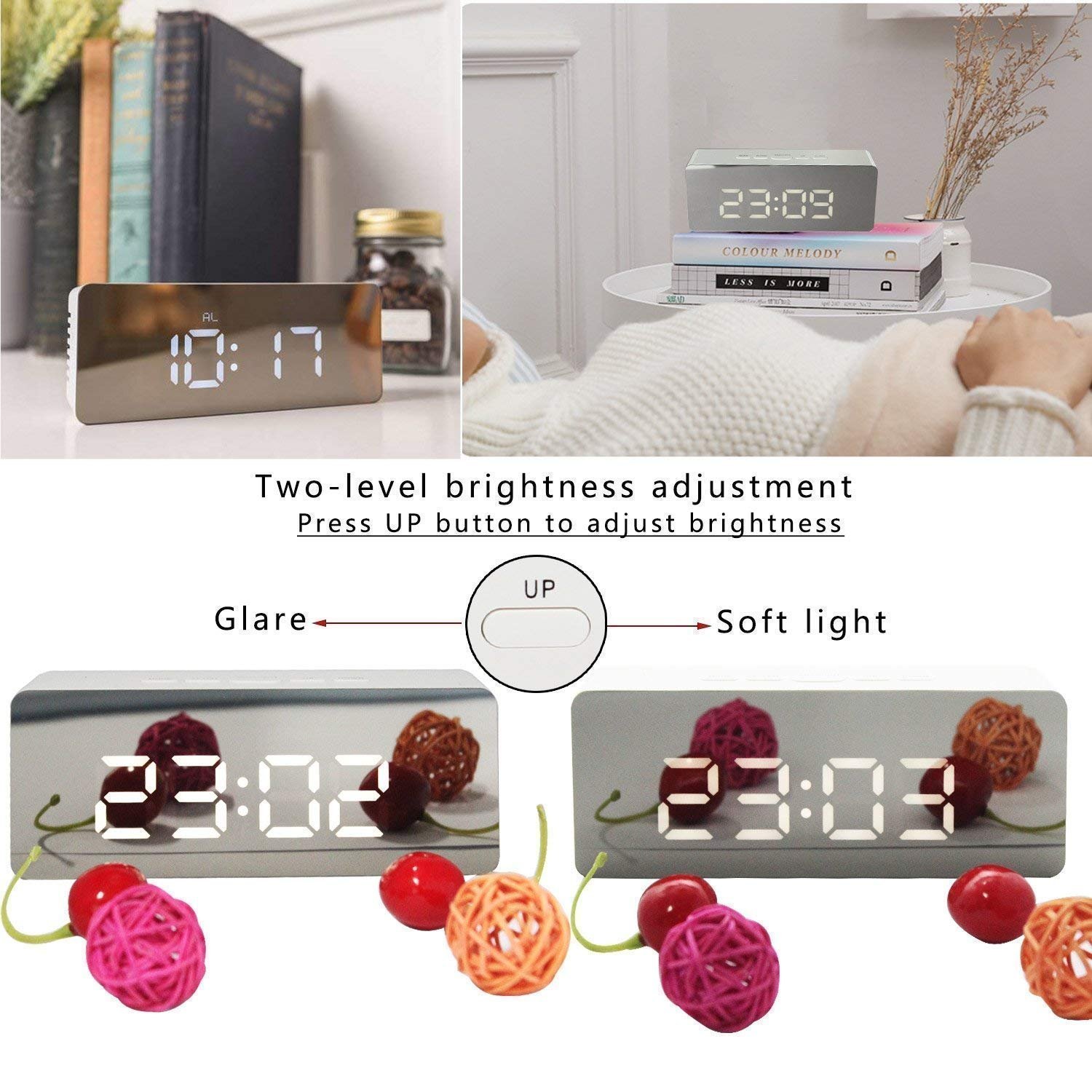 LED Mirror Alarm Clock Digital Display with Dual Alarm, Snooze Function, Temperature & Time Display, USB Powered Smart Bedside Table Clock for Bedroom, Office & Home Decor - Image 4