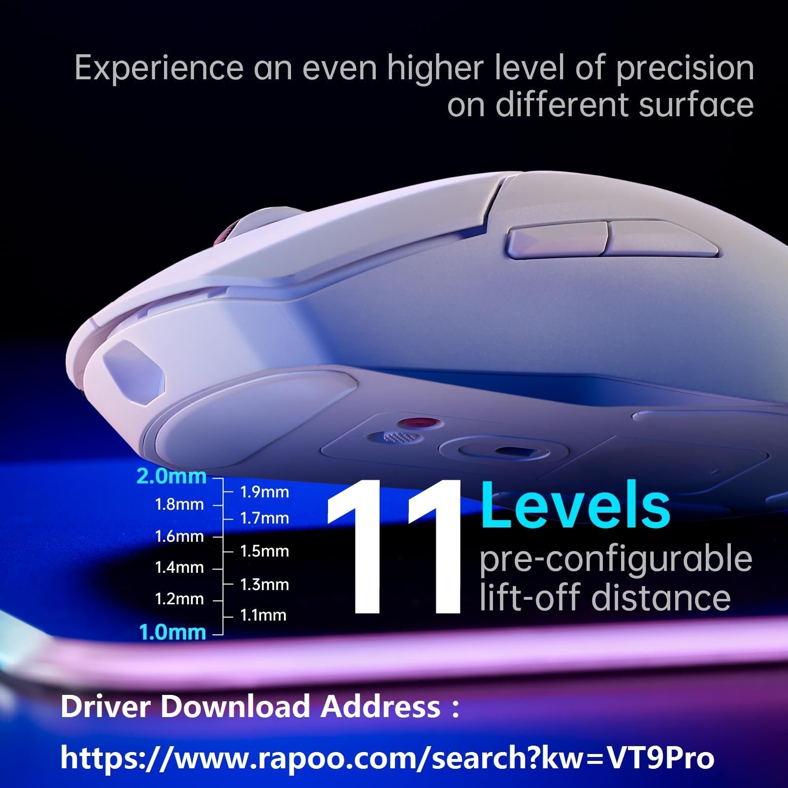 VT9PRO - 68g Ultra Lightweight Wireless Gaming Mouse, Upto 26000K DPI, 1K+4K Polling Rate, PAW 3398 Esports Sensor, 1ms Response,10 Buttons & 160 Hr Battery Life, Onboard Memory - White - Image 8