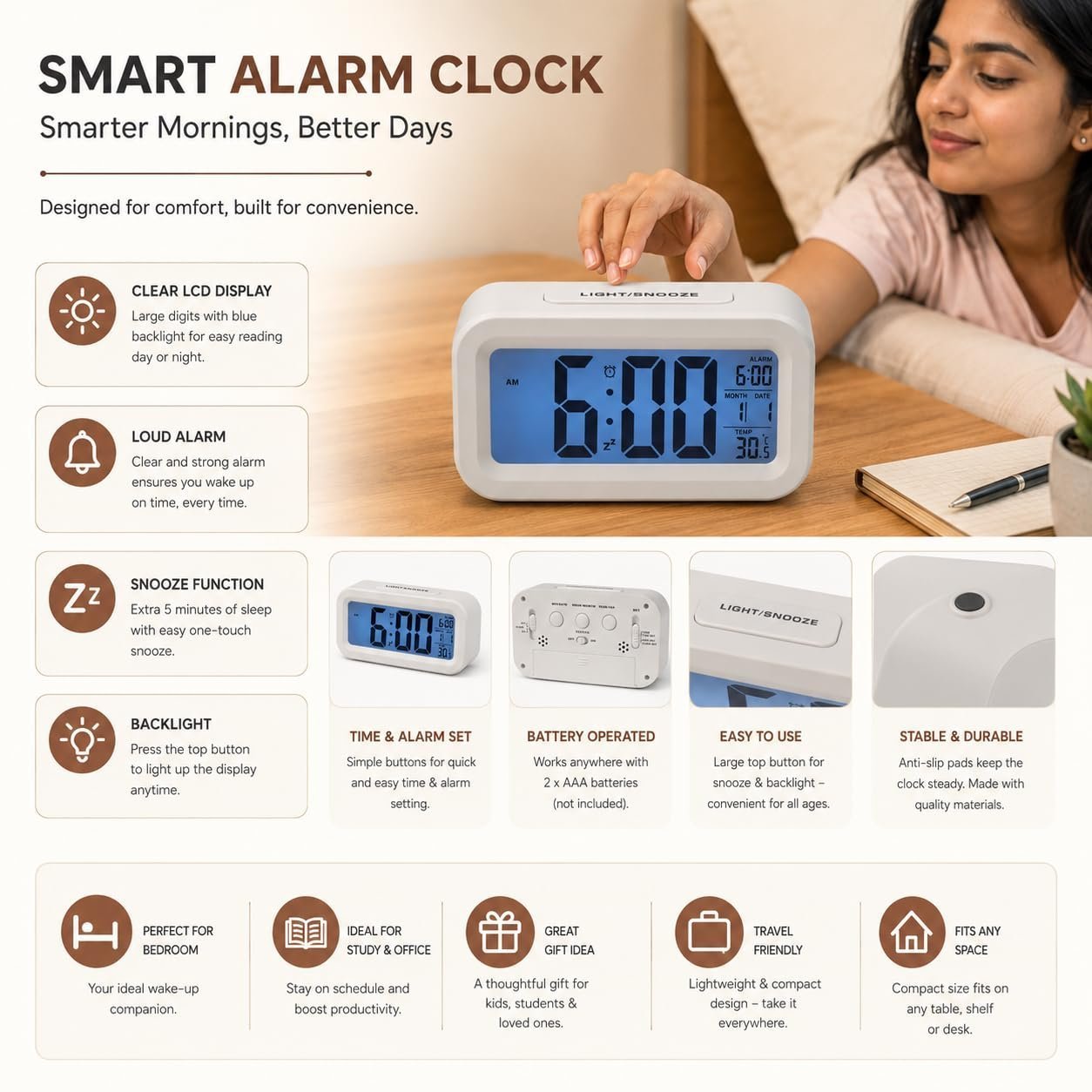 Digital Alarm Clock with Large LCD Display, Blue Backlight, Snooze, - Image 6