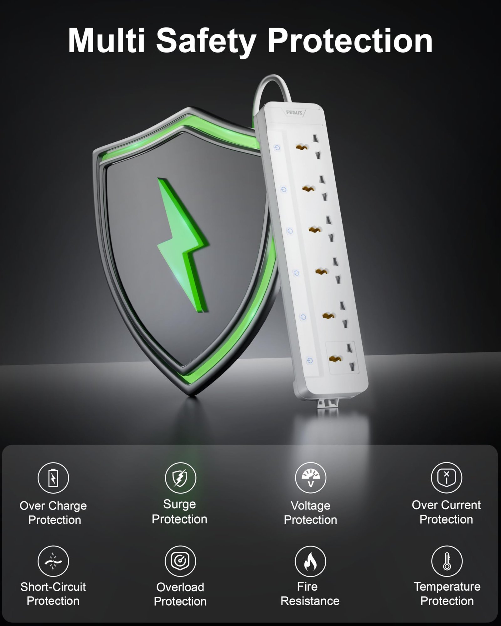 Surge Protector, 6 Universal Sockets with Individual Switch, 10 Meter 32 Feet Long Cable, Extension Board Cord, Automatic Overload Protection, Fireproof Power Strip Switch Board, Spike Guard - Image 6