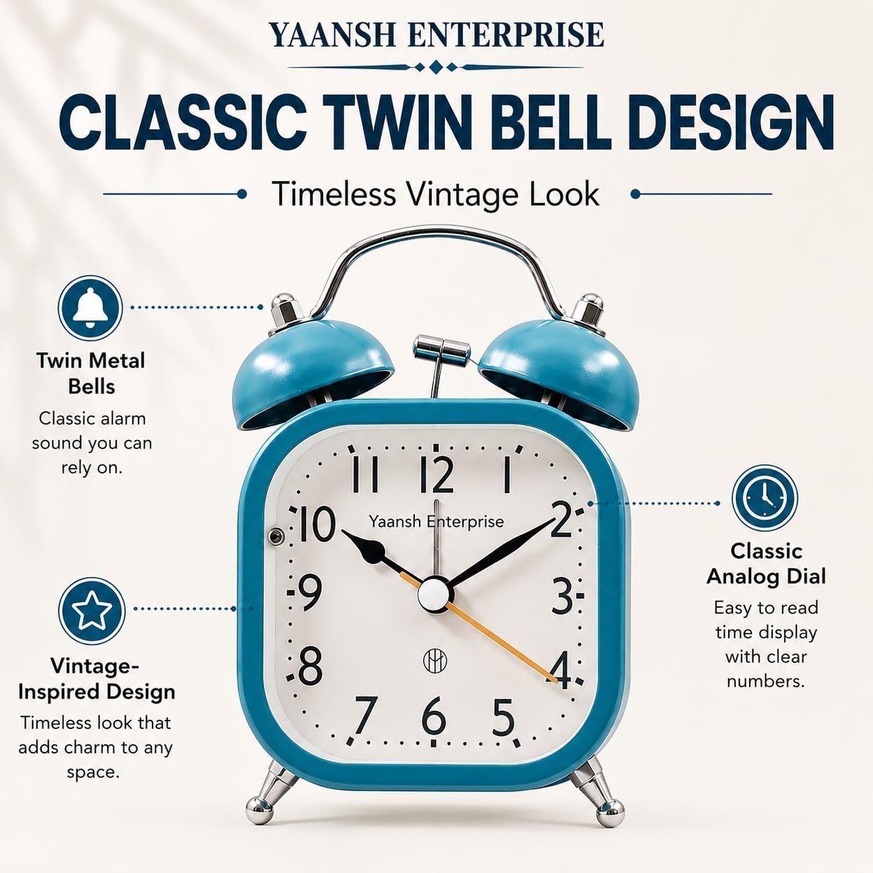 Vintage Twin Bell Metal Alarm Clock with Luminous Dial Loud Alarm, Compact & Portable, for Bedroom & Desk, for Home Office, for Students - Image 3