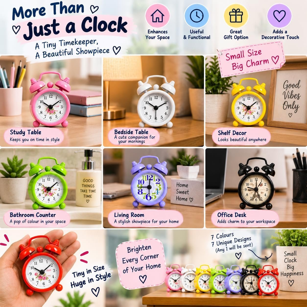 Mini Alarm Clock for Home Office Study Table | Assorted Colour Twin Bell Quartz Clock with Alarm Function | Compact Bedside Desk Clock | Any 1 Colour/Design - Image 6