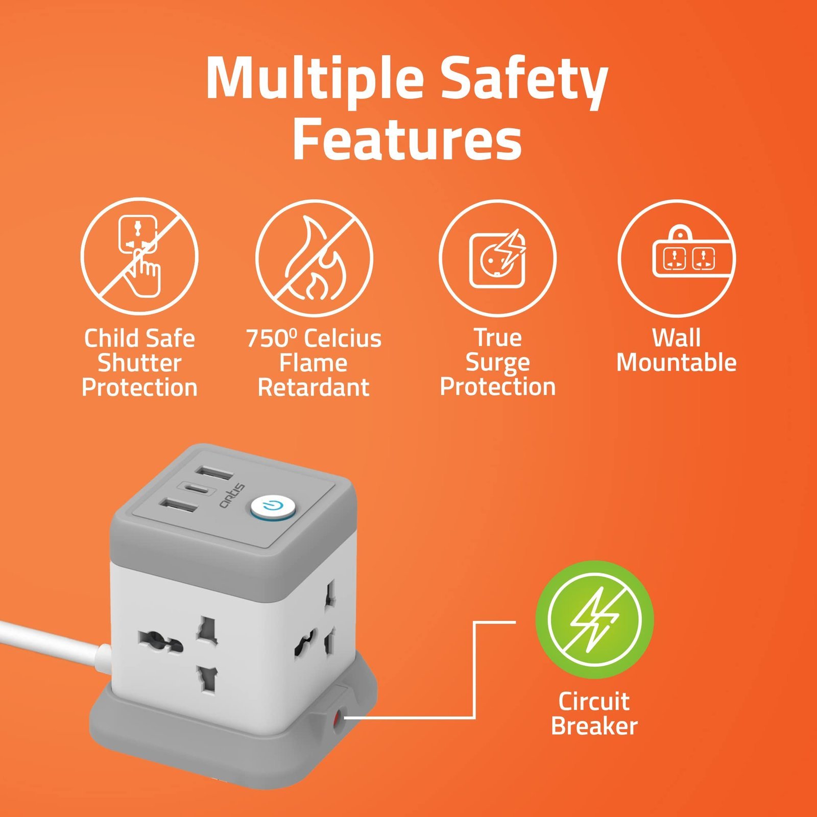 AR-4SS-3USBCB 4 Universal Sockets with 2 USB Ports & 1 USB Type C Port with Circuit Breaker Surge Protector - Image 2