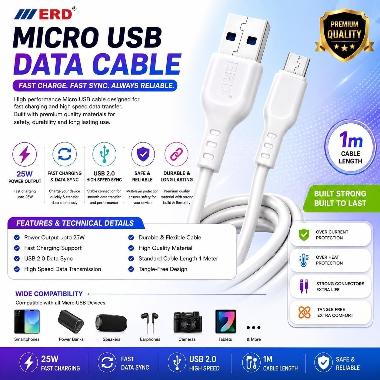 ERD Charging Cable for Android & Multiple Devices | Fast Charging & Data Transfer Cable | Durable USB Cable for Smartphones, Tablets, Power Banks & More - Image 6