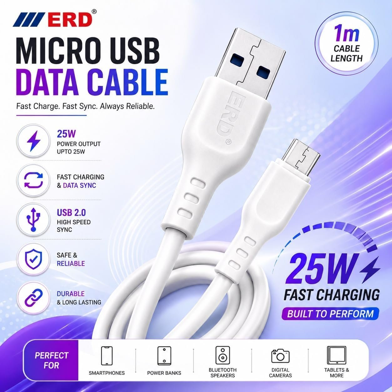ERD Charging Cable for Android & Multiple Devices | Fast Charging & Data Transfer Cable | Durable USB Cable for Smartphones, Tablets, Power Banks & More - Image 2