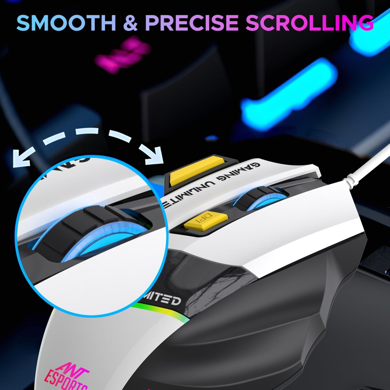 GM100 V2 Optical Gaming Mouse,7 Button Wired USB Mouse, 4000 FPS Sensor, 3600 DPI, RGB Lighting,1.5m PVC Cable, Ergonomic Design, for Windows PC, Laptop,Gaming & Office Use- Black & White - Image 4