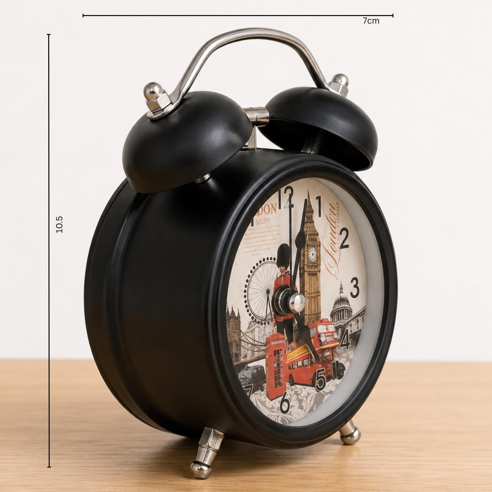 Vintage London Twin Bell Alarm Clock, Black Analog - Image 3