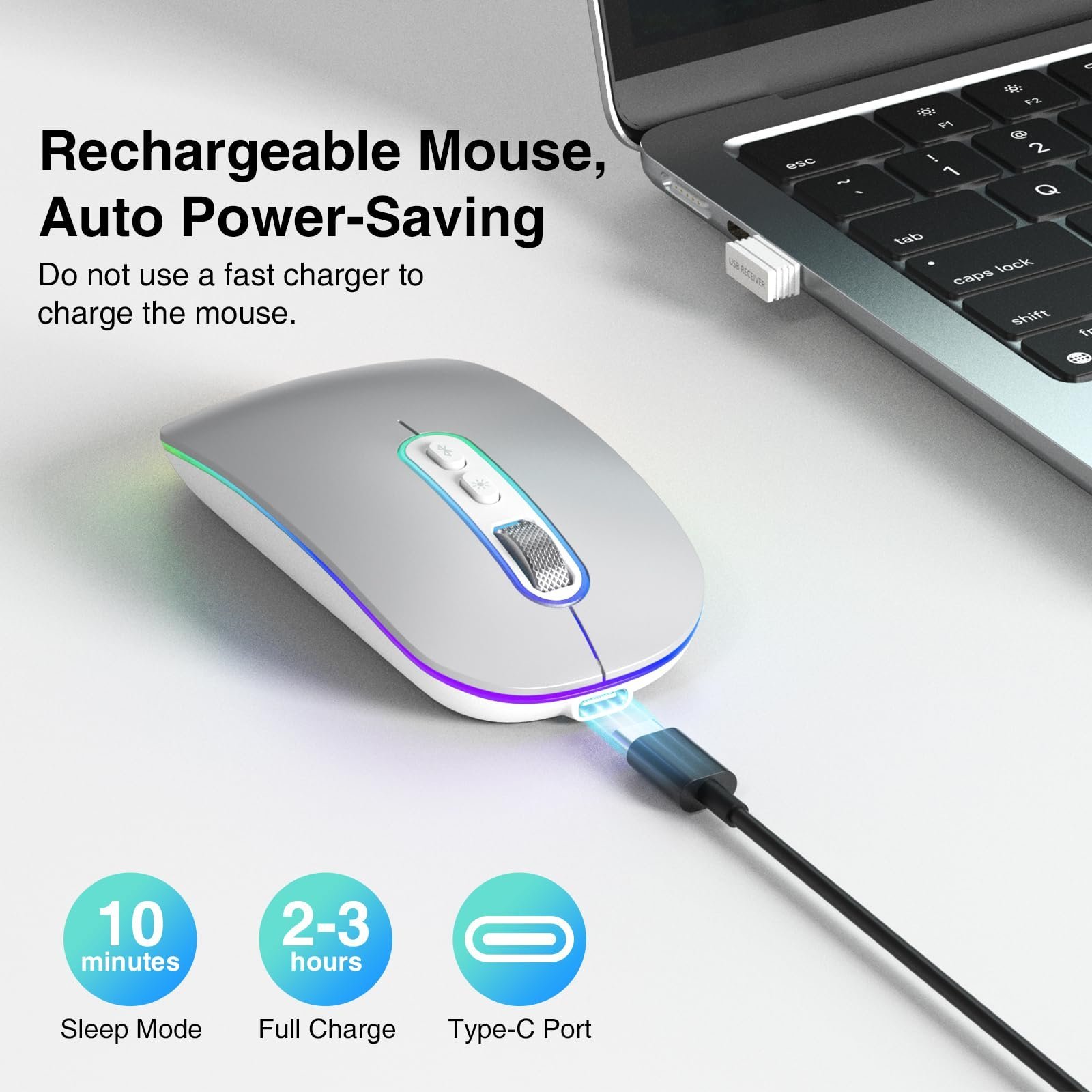Dual Mode (BT 5.1+2.4G) Wireless Mouse with LED Lights, Silent Portable Lightweight Rechargeable Mouse for Laptop, Compatible with Mac OS/Windows/Chrome OS - Silver - Image 3