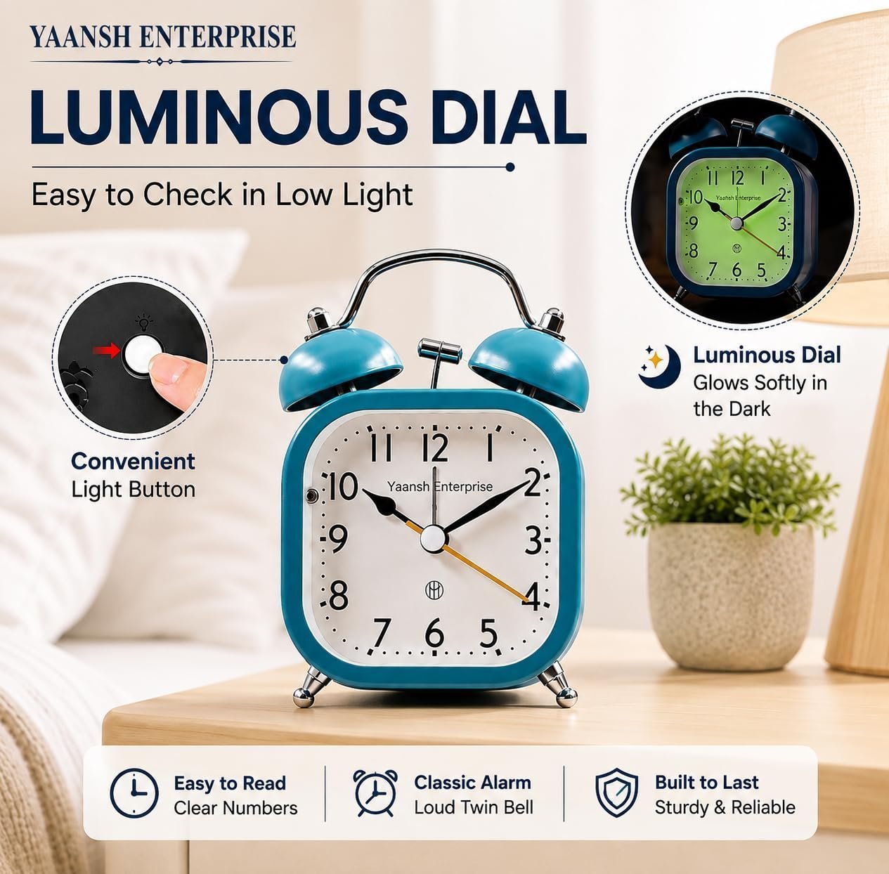 Vintage Twin Bell Metal Alarm Clock with Luminous Dial Loud Alarm, Compact & Portable, for Bedroom & Desk, for Home Office, for Students - Image 5