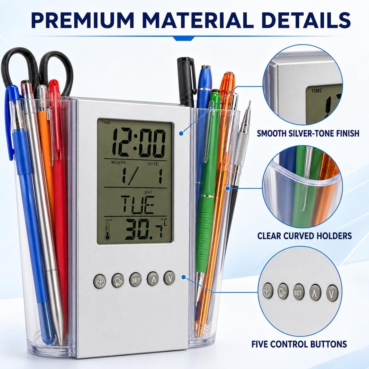 Digital Desk Organiser with LCD Clock, Calendar, Alarm, Silver - Image 8