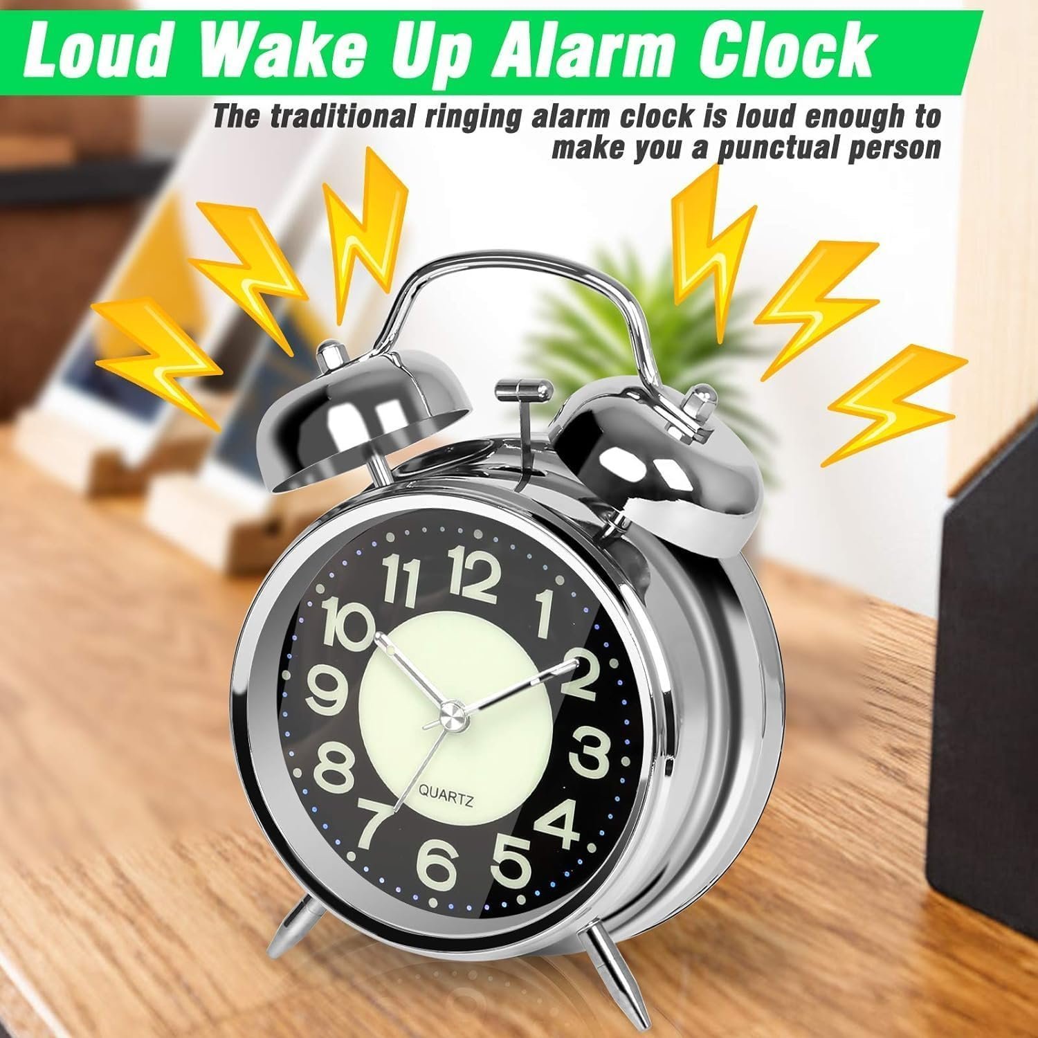 ® Vintage Alarm Clock for Student Heavy Sleepers, Super Loud & Twin Bell Retro Quartz with Backlight, Luminous Alarm for Students Bedroom/Office (Silver, Analog, 3.81 cm) - Image 3