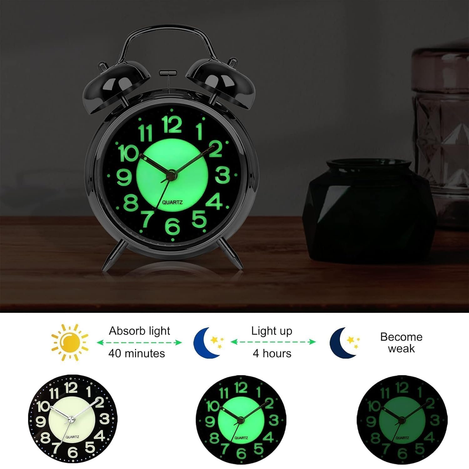 ® Vintage Alarm Clock for Student Heavy Sleepers, Super Loud & Twin Bell Retro Quartz with Backlight, Luminous Alarm for Students Bedroom/Office (Silver, Analog, 3.81 cm) - Image 2