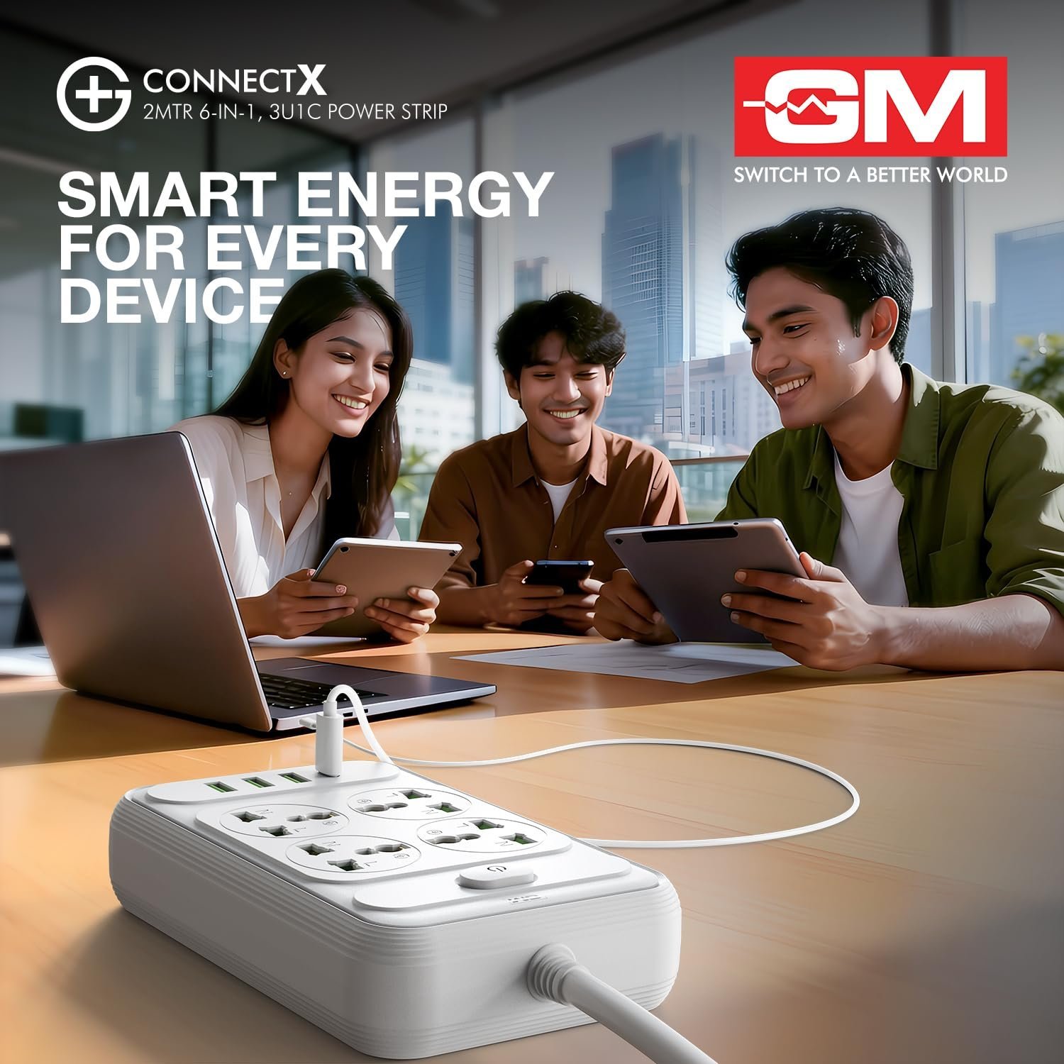G+ ConnectX 6-in-1 Powerstrip with Type-C, 4 Universal Sockets, 3 USB, 2500W, 2M Cable, Master Switch, Surge Protection | Extension Board for Home & Office - Image 7