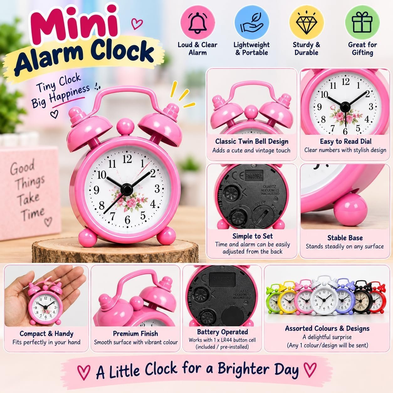 Mini Alarm Clock for Home Office Study Table | Assorted Colour Twin Bell Quartz Clock with Alarm Function | Compact Bedside Desk Clock | Any 1 Colour/Design - Image 5