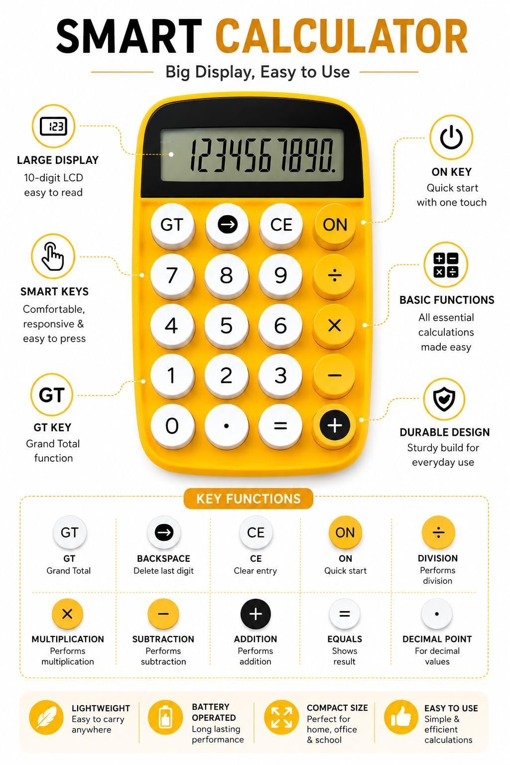 Compact Basic Calculator, Yellow, 10-Digit LCD Display - Image 3