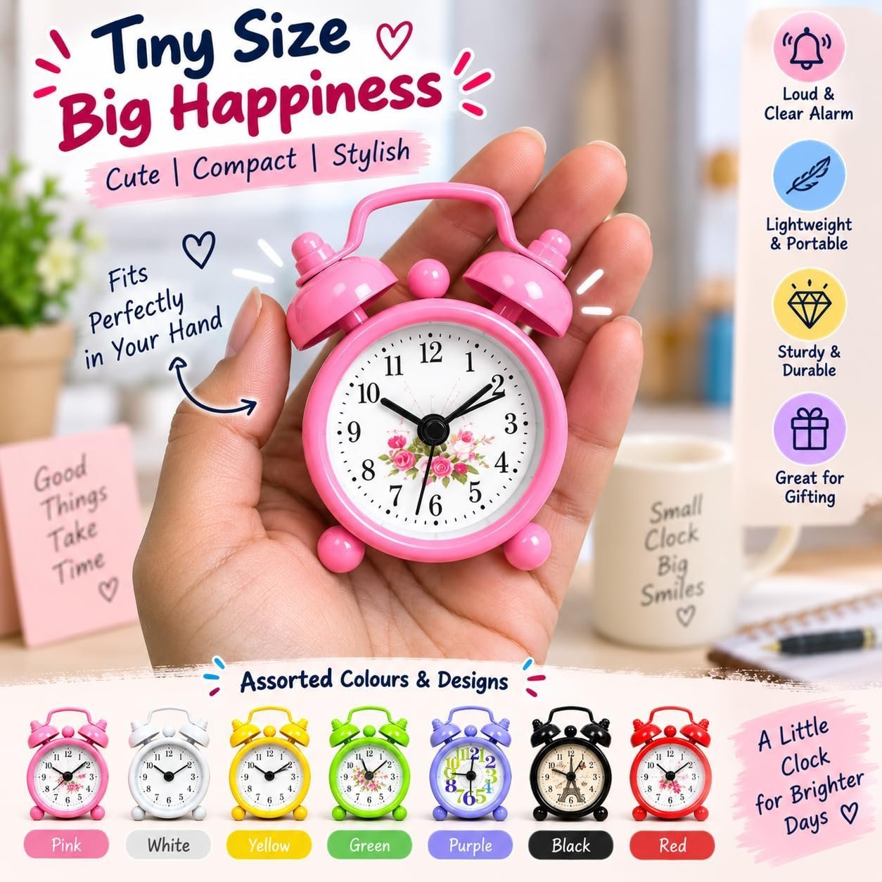 Mini Alarm Clock for Home Office Study Table | Assorted Colour Twin Bell Quartz Clock with Alarm Function | Compact Bedside Desk Clock | Any 1 Colour/Design - Image 7