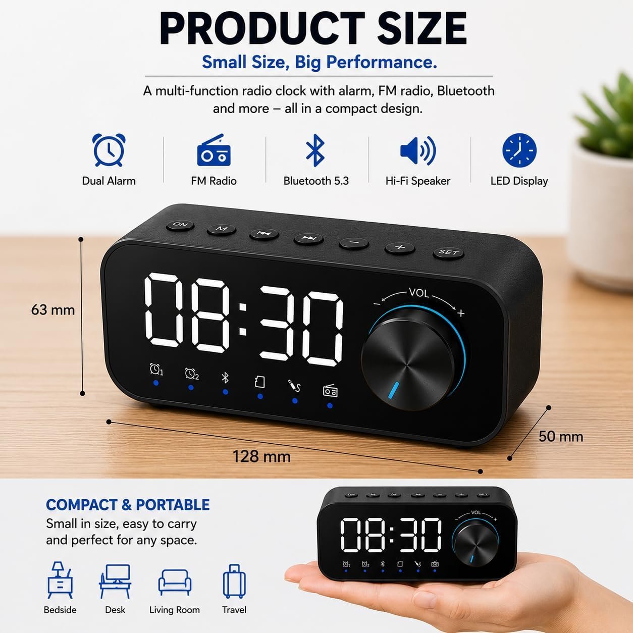 Multifunction FM Radio Alarm Clock with Bluetooth Speaker | TF Card Support | Bedside, Living Room Digital Table Clock - Image 3