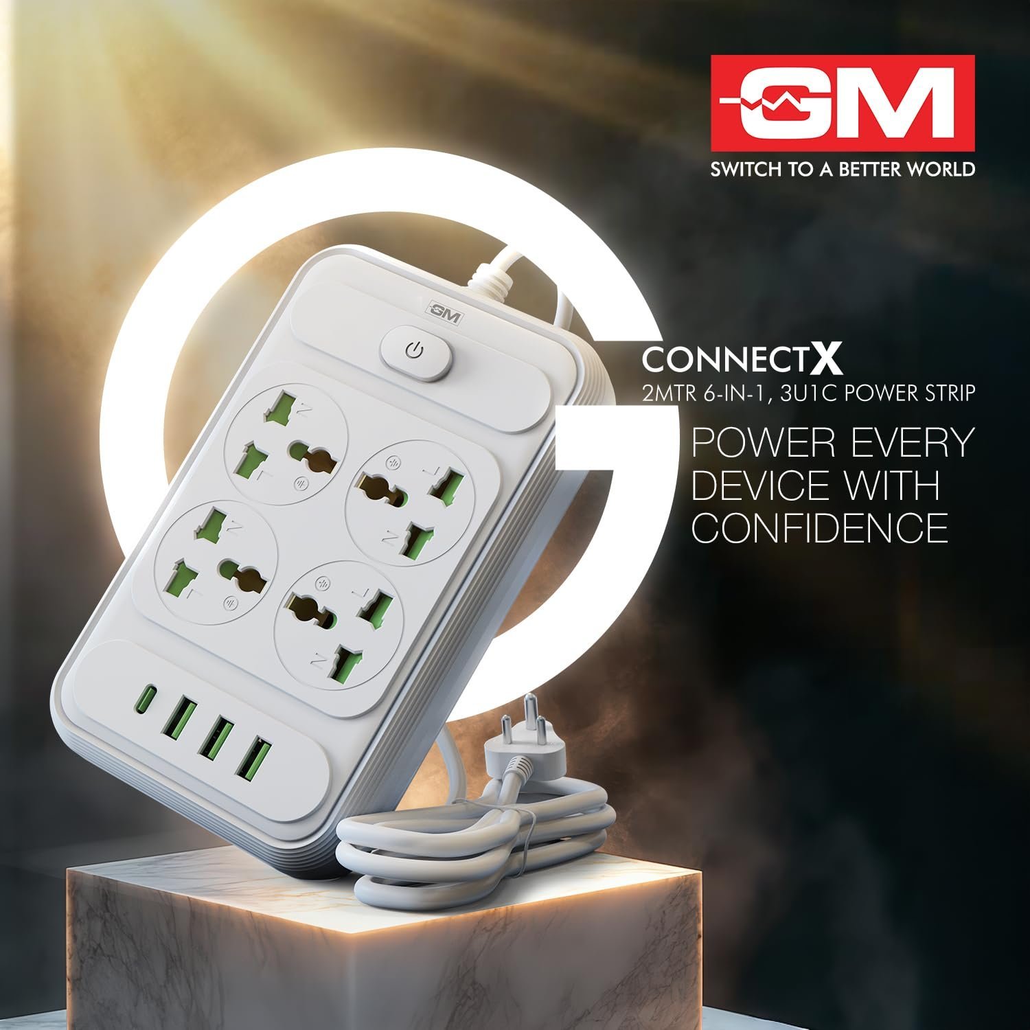G+ ConnectX 6-in-1 Powerstrip with Type-C, 4 Universal Sockets, 3 USB, 2500W, 2M Cable, Master Switch, Surge Protection | Extension Board for Home & Office - Image 4