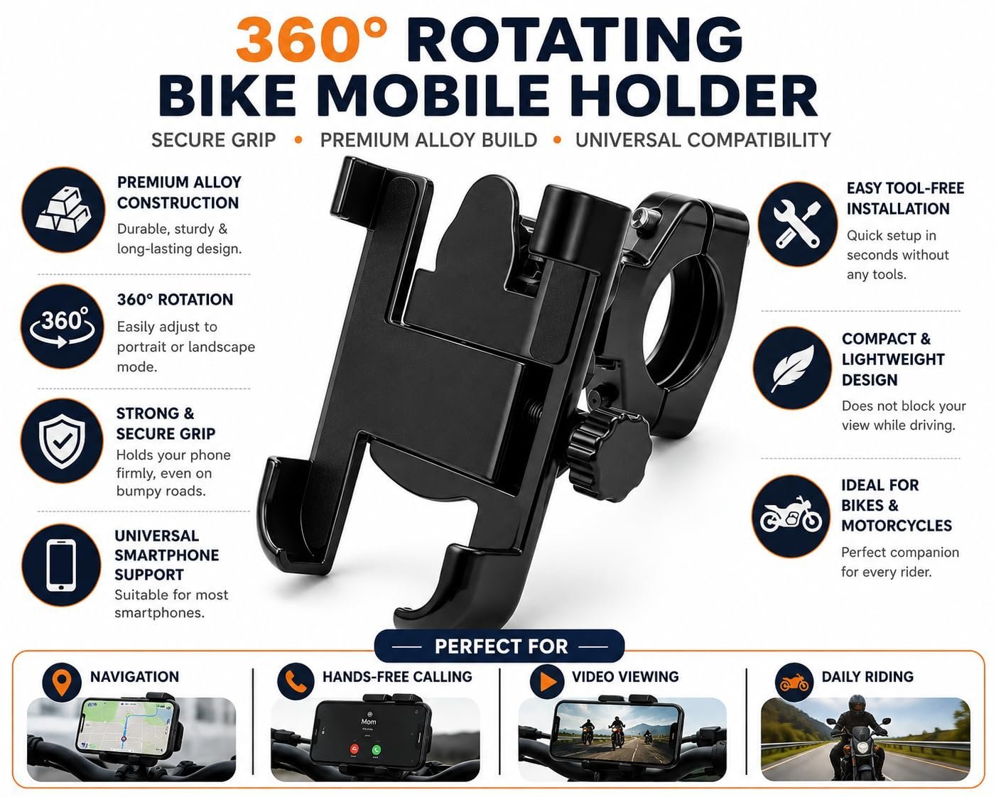 360° Rotating Bike Mobile Holder for Bicycle & Motorcycle | Universal Smartphone Mount | Strong Grip Handlebar Phone Stand | Adjustable Alloy Mobile Holder for Navigation & Hands-Free Riding - Image 2