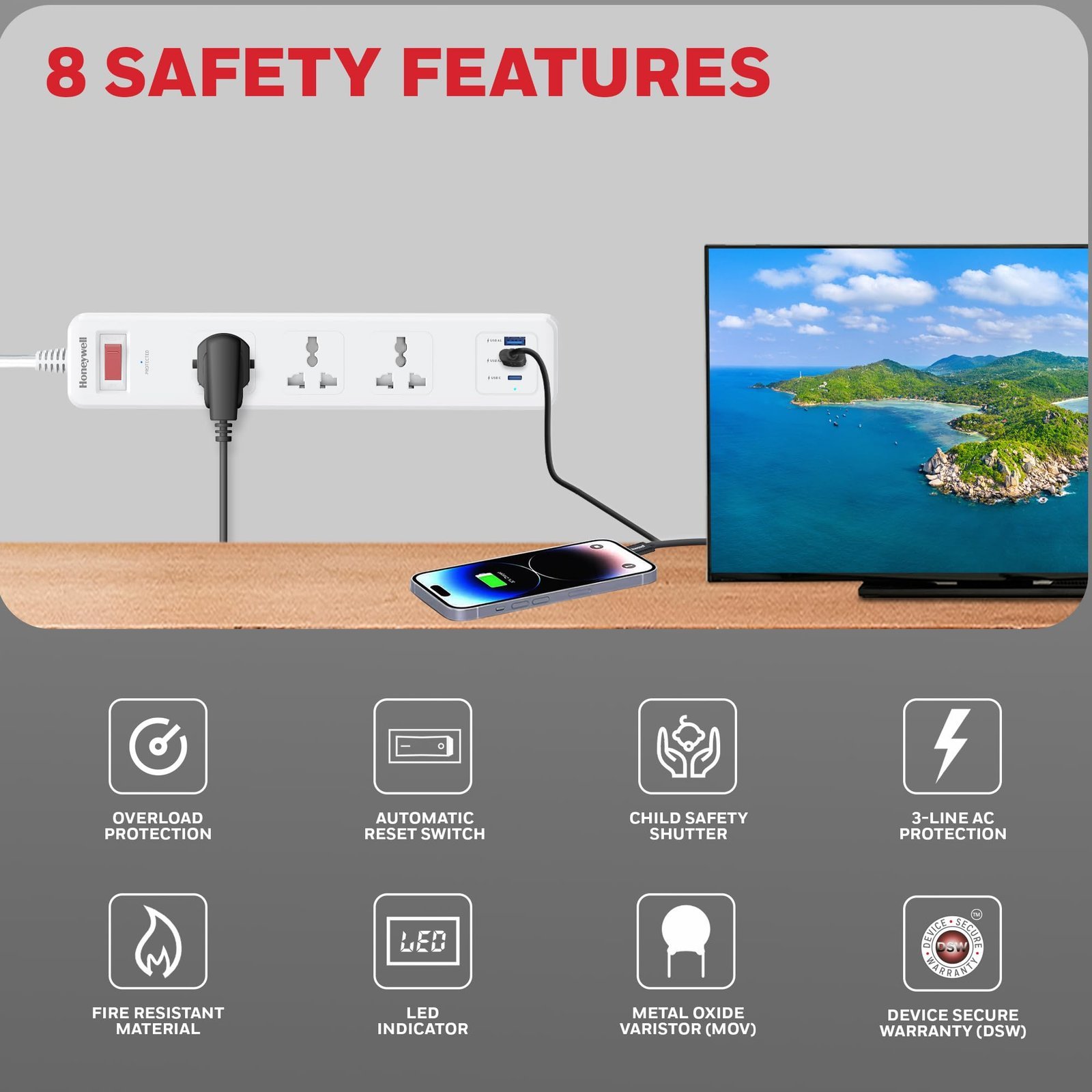 3 Out Surge Protector with Master Switch, Spike Guard/Extension Board, 3 Outlet, PD20W & 2xUSB, 13500Amp, 1.8 Meter Cord, DSW, Automatic Overload Protection, 3 Years Manufacturer Warranty - Image 5