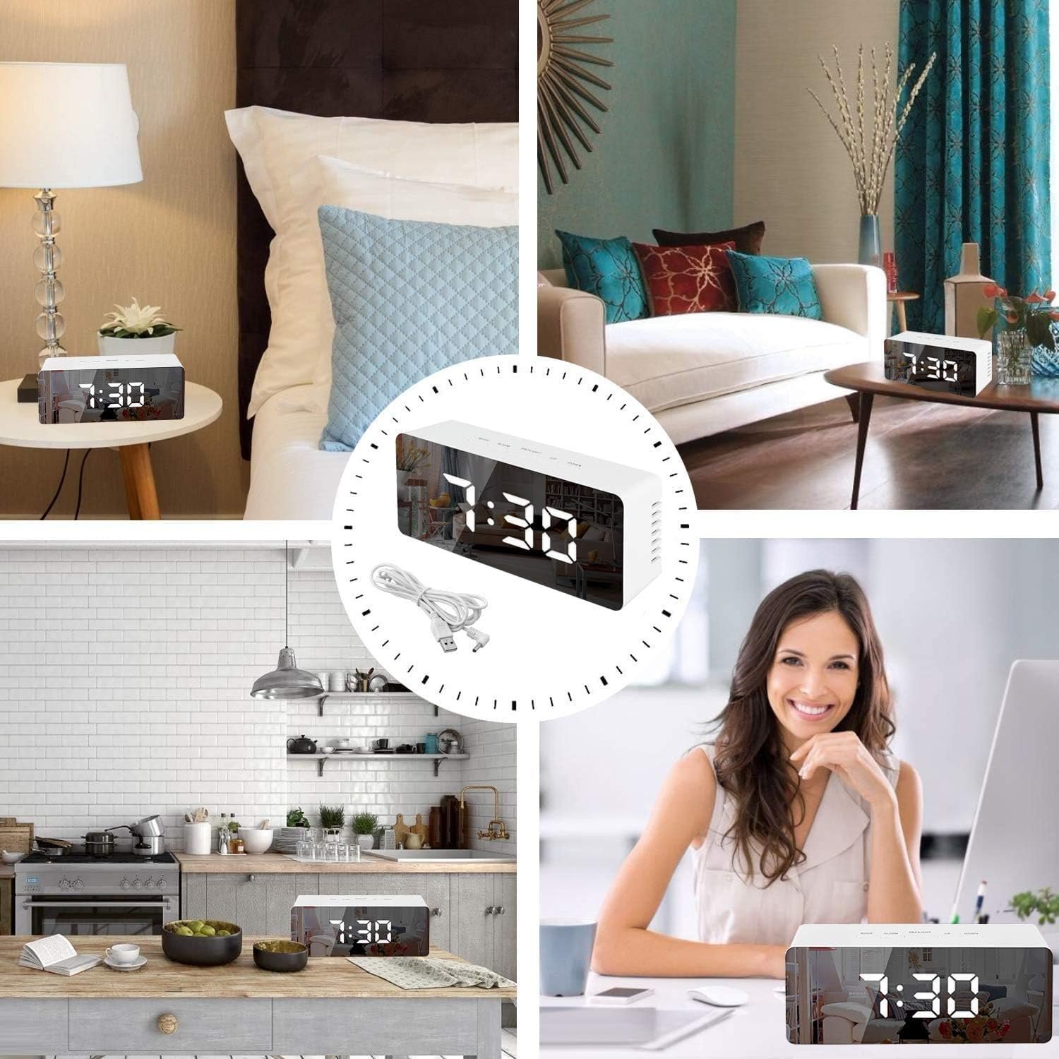 LED Mirror Alarm Clock Digital Display with Dual Alarm, Snooze Function, Temperature & Time Display, USB Powered Smart Bedside Table Clock for Bedroom, Office & Home Decor