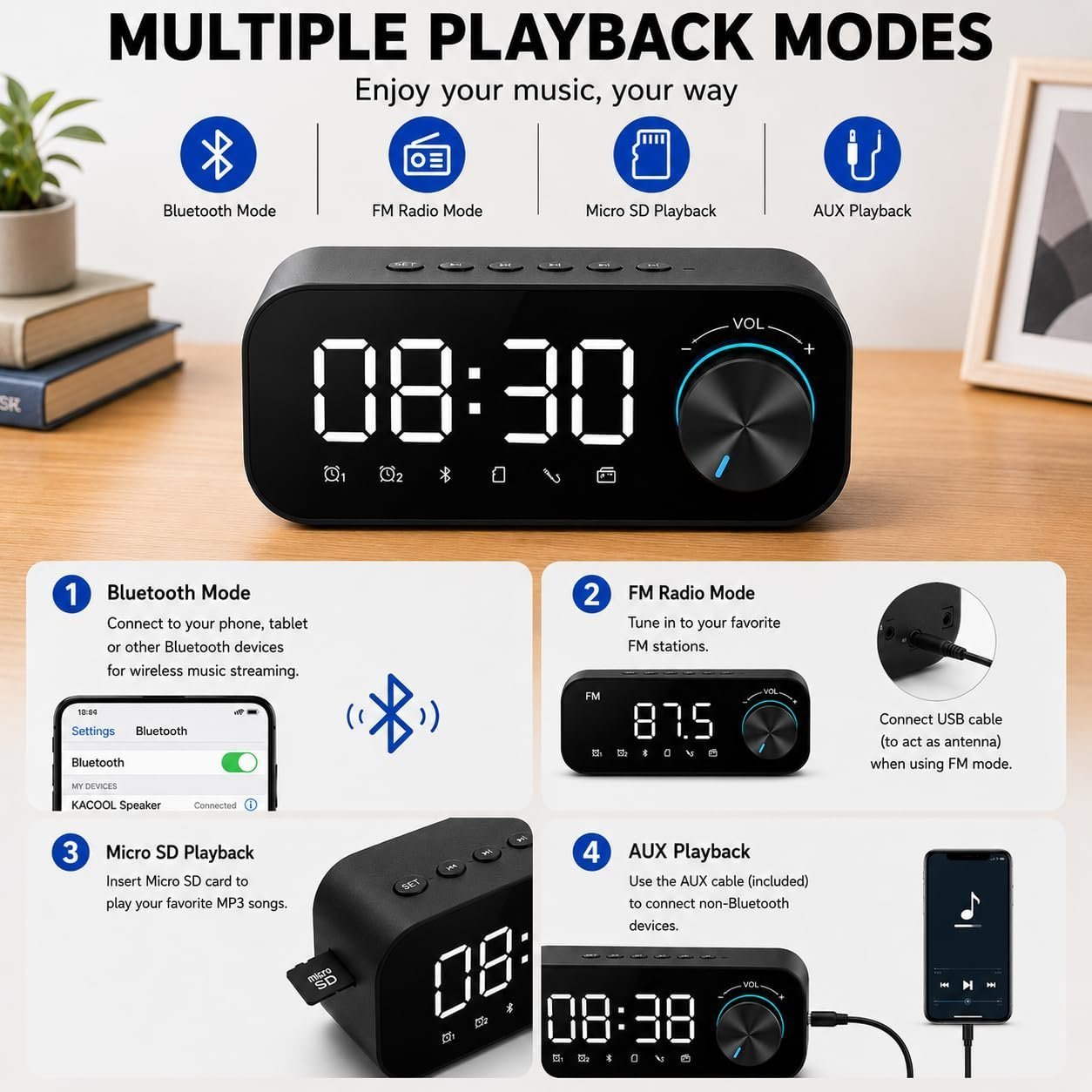 Multifunction FM Radio Alarm Clock with Bluetooth Speaker | TF Card Support | Bedside, Living Room Digital Table Clock - Image 5