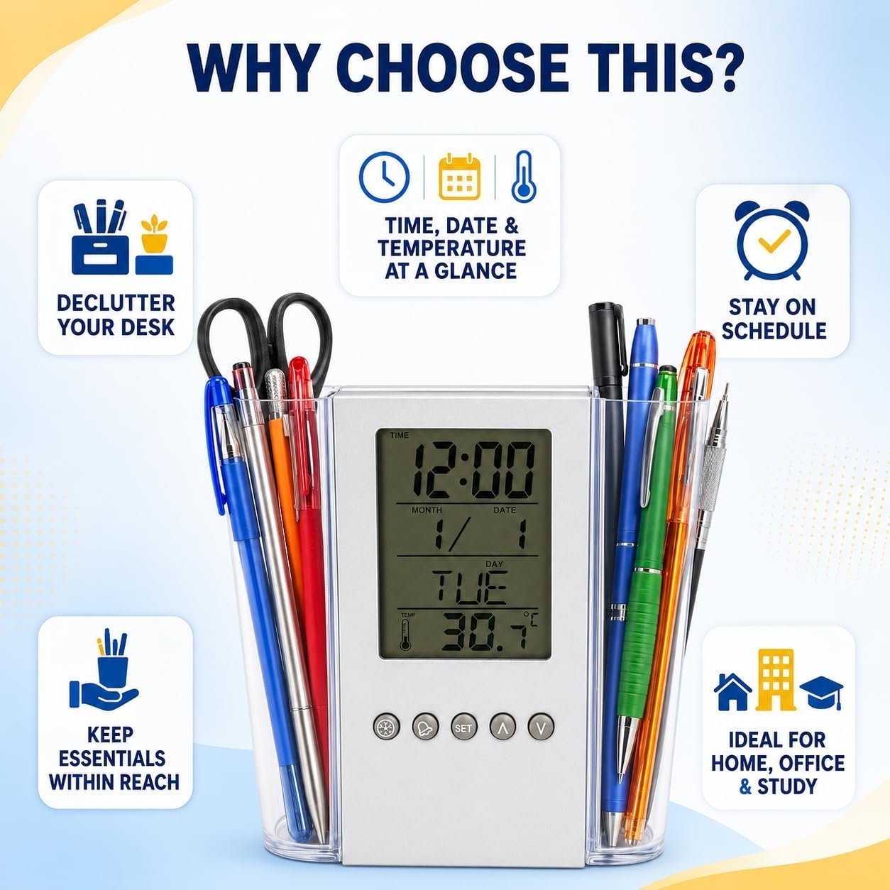 Digital Desk Organiser with LCD Clock, Calendar, Alarm, Silver - Image 6