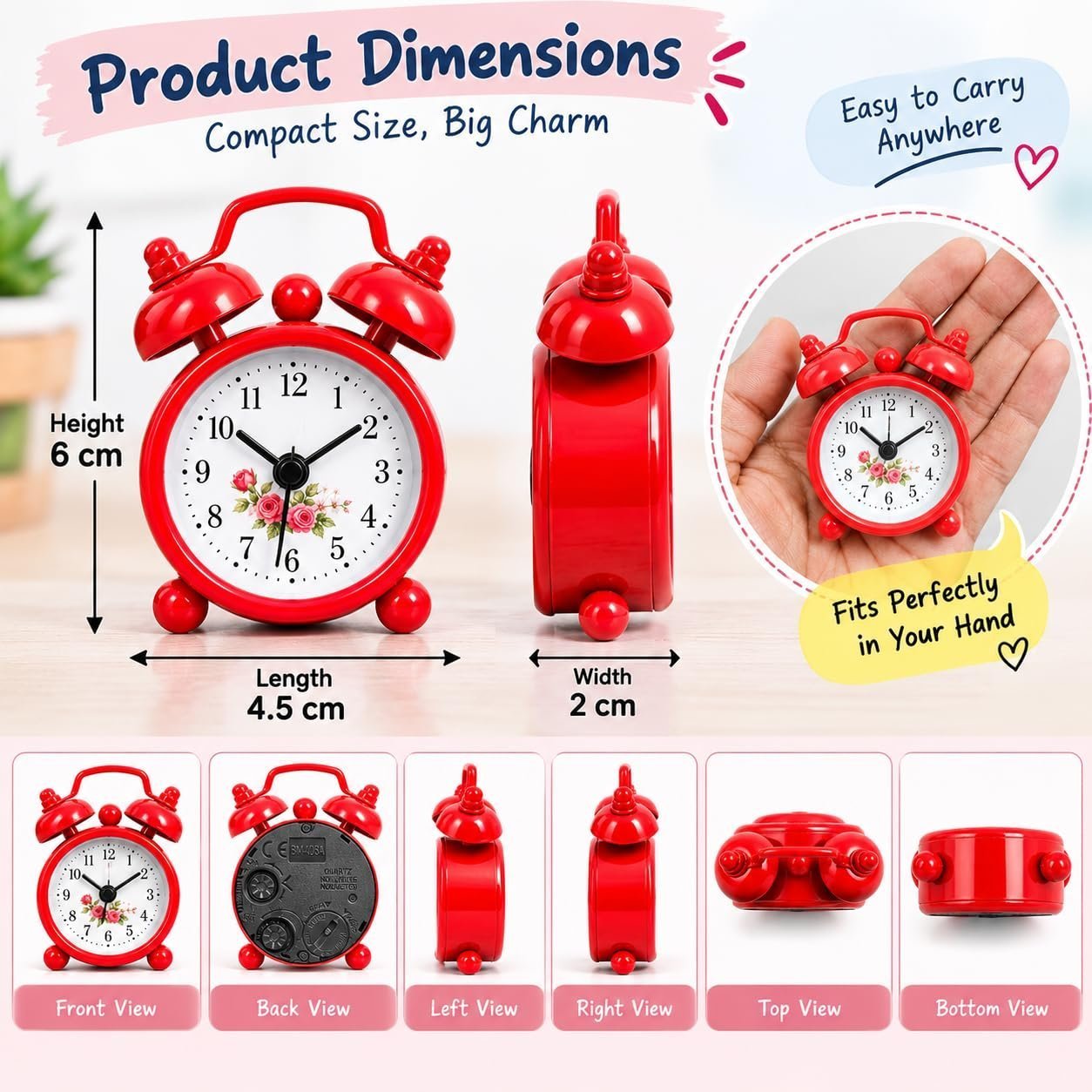 Mini Alarm Clock for Home Office Study Table | Assorted Colour Twin Bell Quartz Clock with Alarm Function | Compact Bedside Desk Clock | Any 1 Colour/Design - Image 3