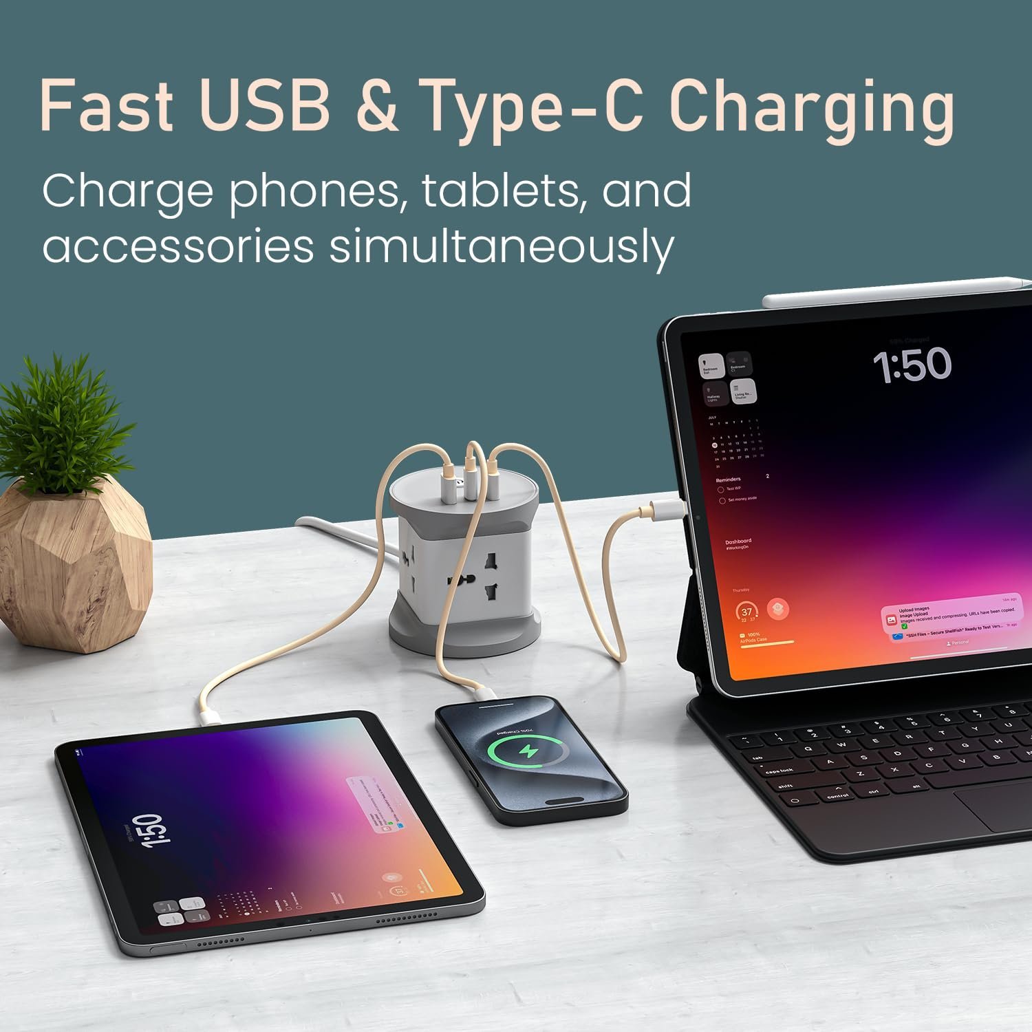 Power Plate 9 Pro, 2500W 7-in-1 Desktop Charging Station with 4X Universal Sockets, 12W USB-A & Type-C Ports, Space-Saving Power Extender, 2M Cord, Power Switch, Child Proof Shutters - Image 6