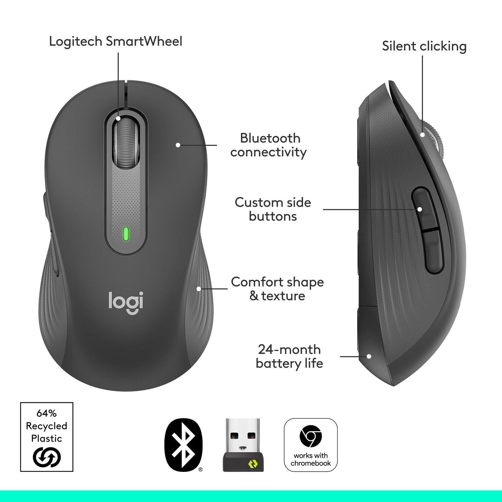 Signature M650 Wireless Mouse - for Small to Medium Sized Hands, 2-Year Battery, Silent Clicks, Customisable Side Buttons, Bluetooth -Graphite - Image 7